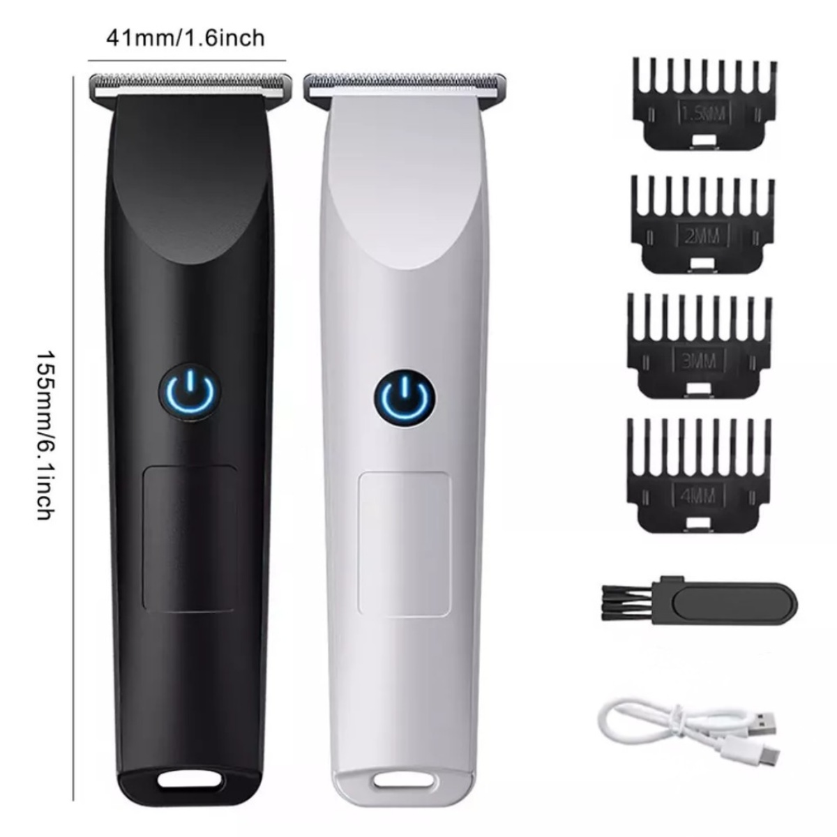 Zwei Trimmer, schwarz und weiß, mit Aufsätzen, Bürste und Kabel.