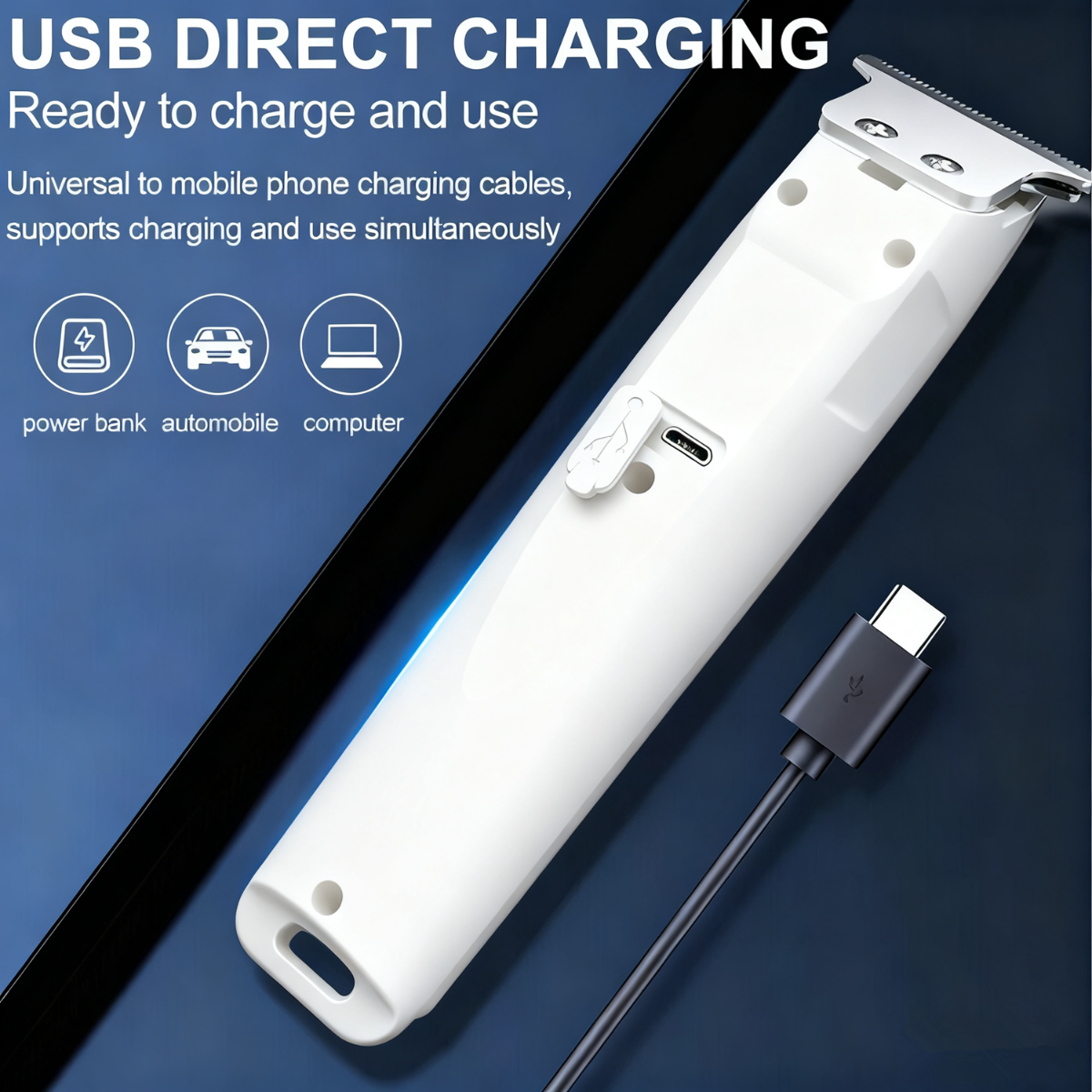 Weißer USB-Haarschneider lädt per USB-C-Kabel, mit Symbolen für Powerbank, Auto und Computer.