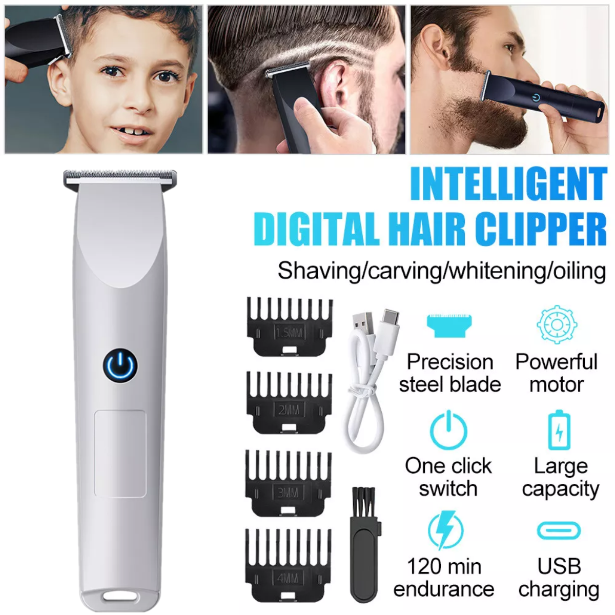 Ein intelligenter digitaler Haarschneider mit Zubehörteilen.