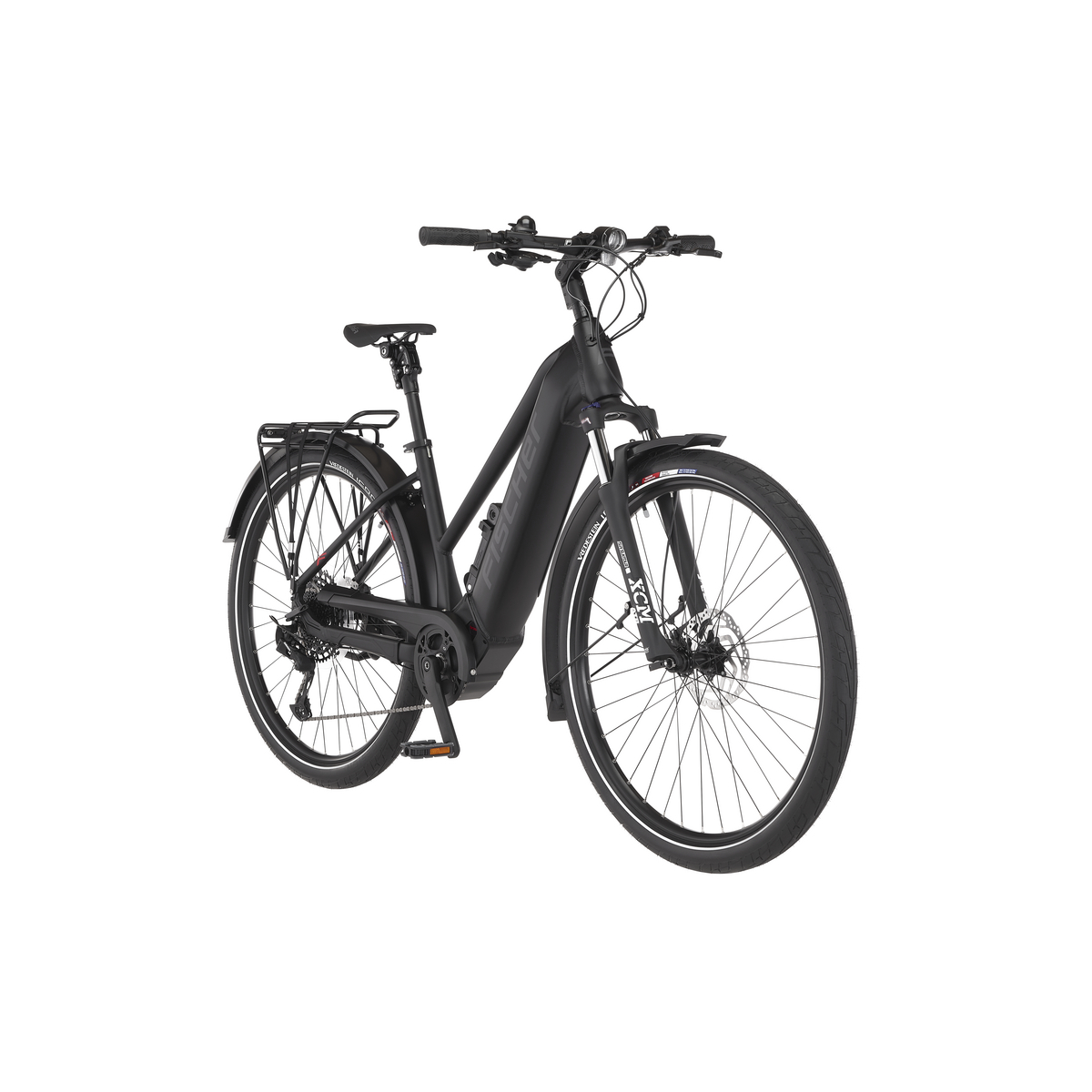 Schwarzes E-Bike mit Federgabel, Gepäckträger und Scheibenbremsen.