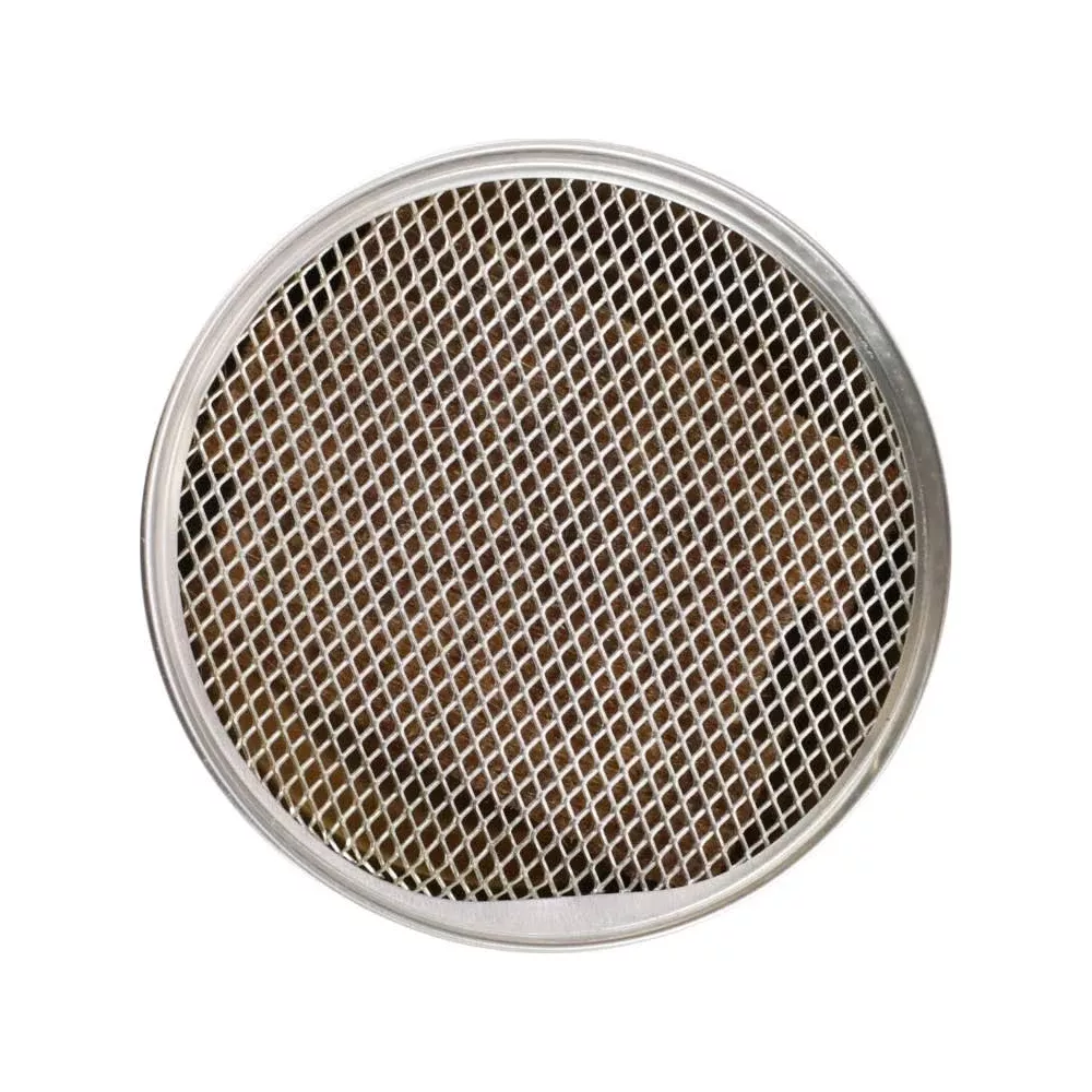 Ein runder Metallfilter mit einem feinen Netzmuster und braunem Inhalt.