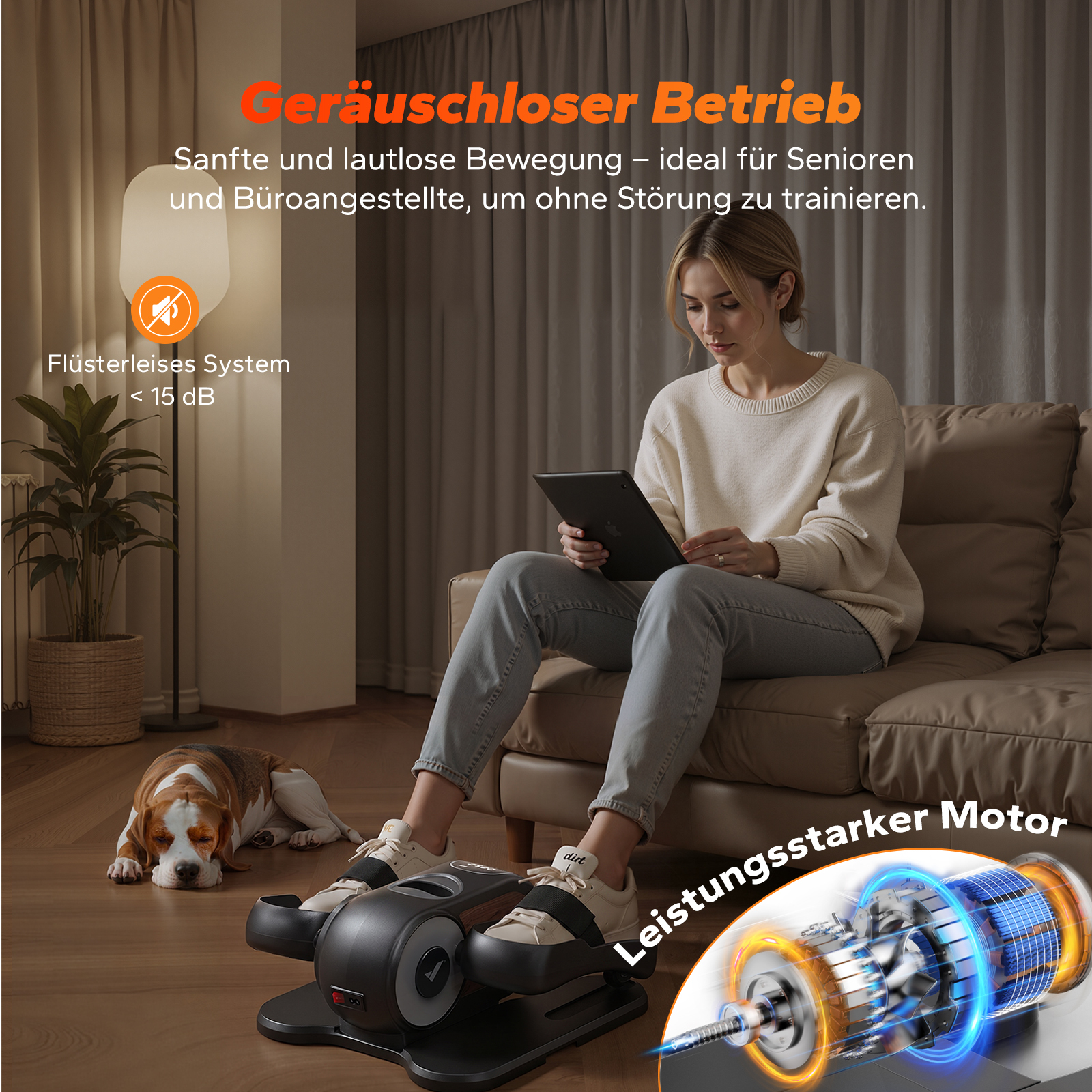 Frau auf Sofa trainiert mit Pedal-Ergometer, Hund schläft daneben.