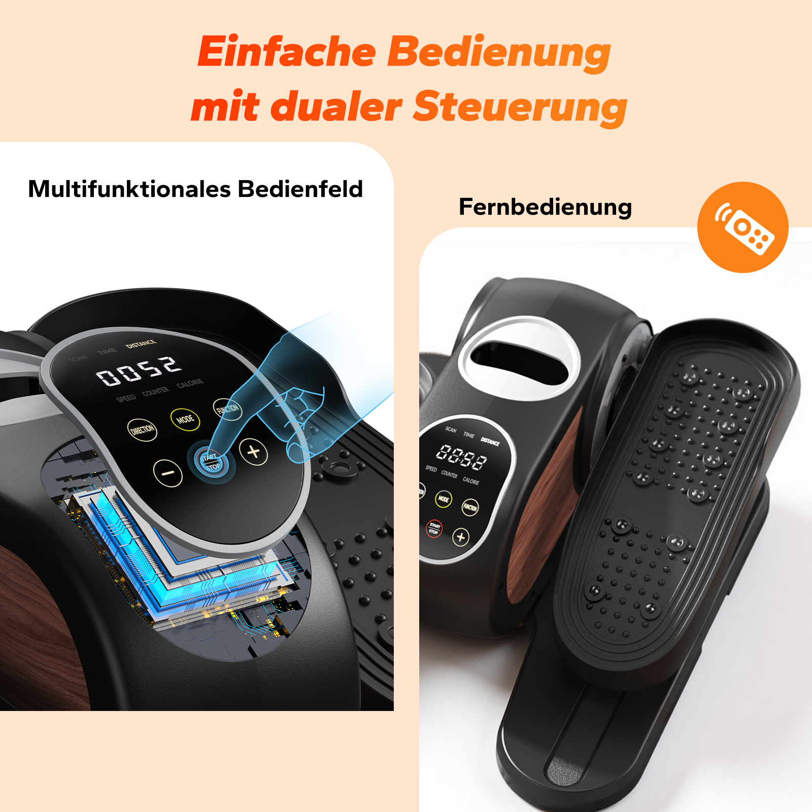 Nahaufnahme eines Heimtrainers mit digitalem Display und Fernbedienung.