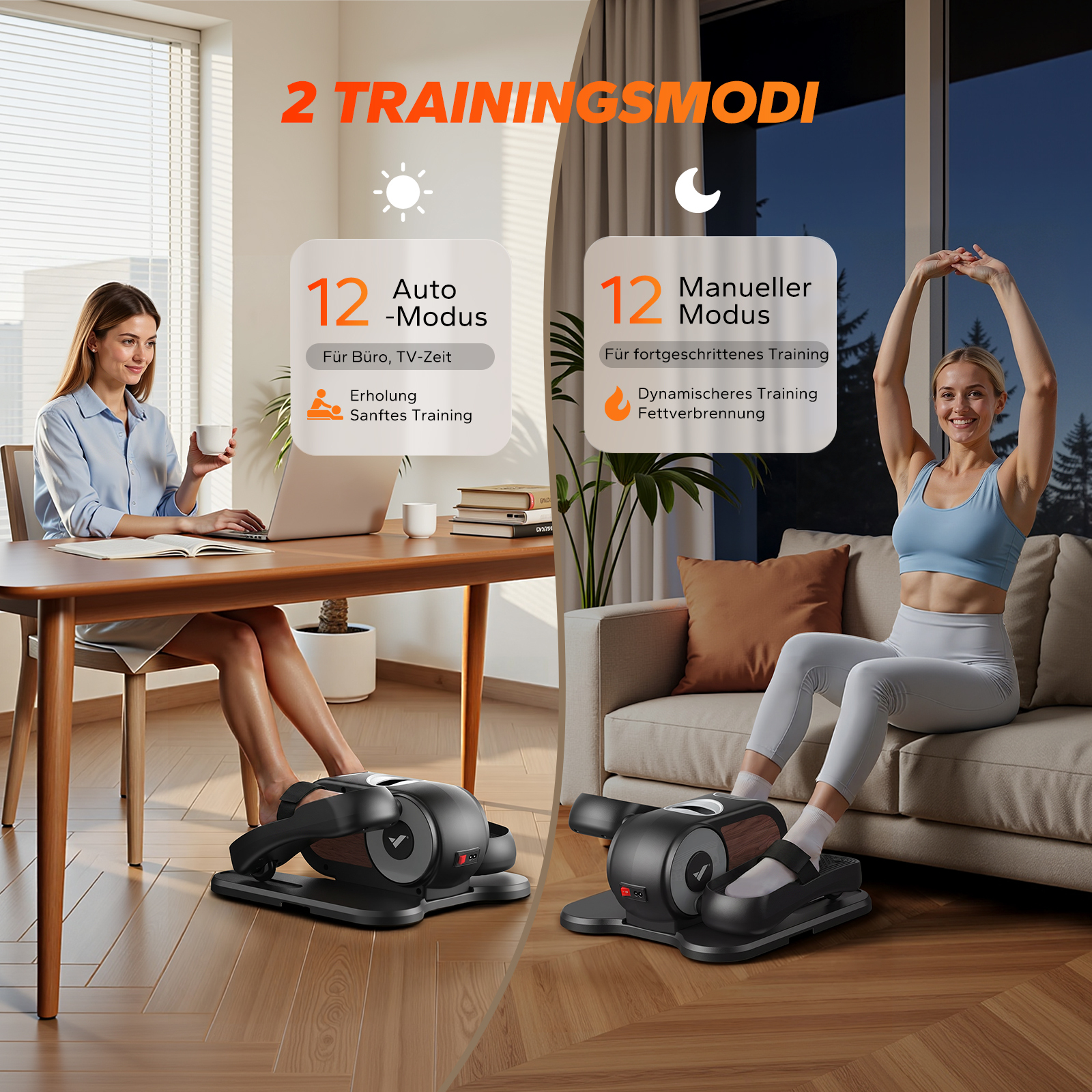 Zwei Trainingsmodi: Frau am Schreibtisch, Frau auf dem Sofa mit Trainingsgeräten.