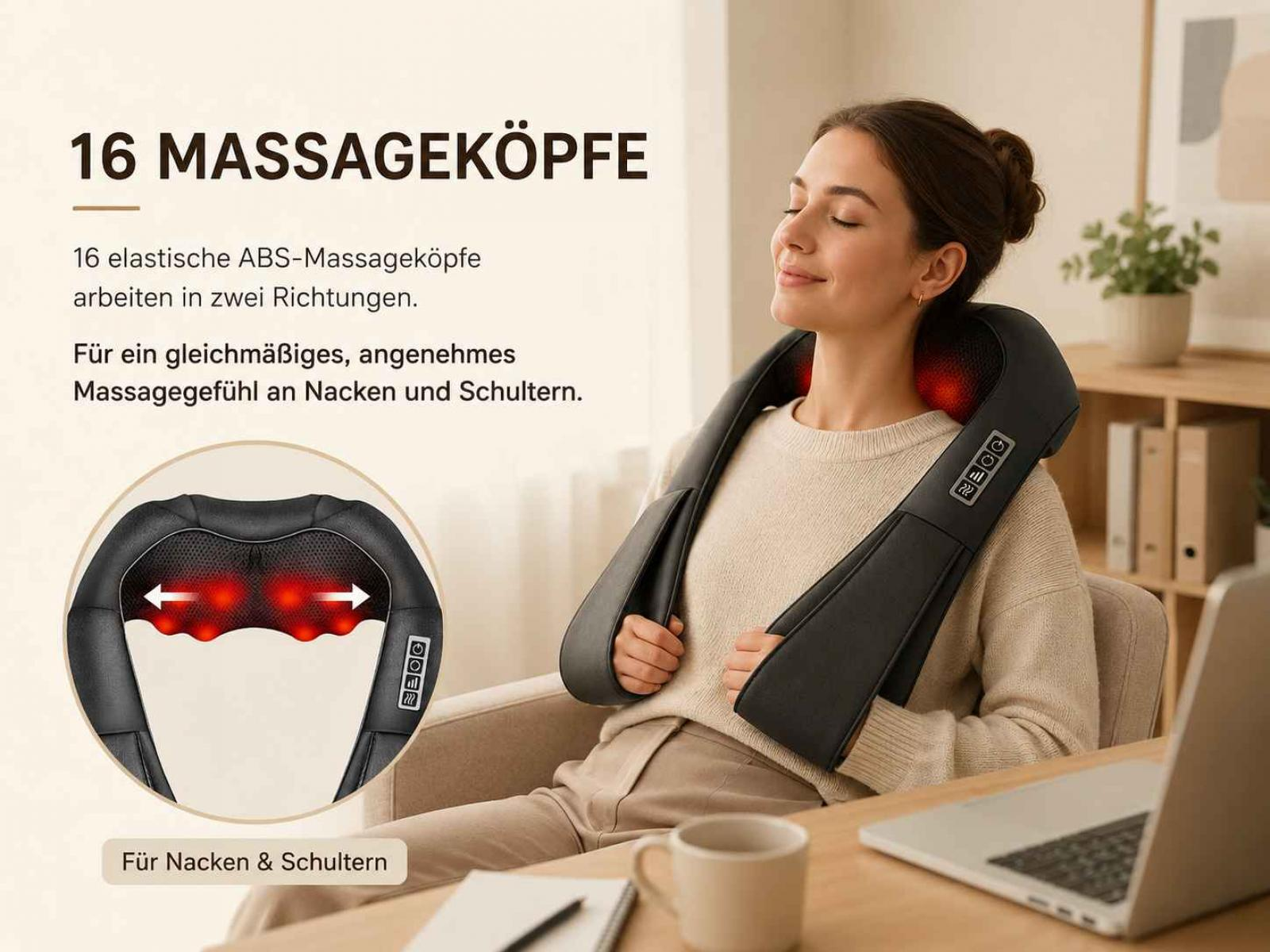 Eine Frau genießt eine Nackenmassage mit einem schwarzen Gerät mit 16 Massageköpfen.
