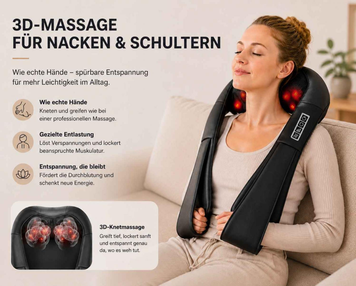 Frau entspannt mit Nackenmassagegerät, das rote Lichter anzeigt.