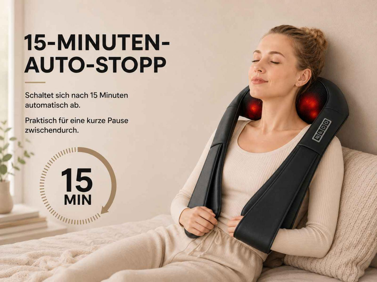 Eine Frau entspannt sich auf einem Bett mit einem schwarzen Nackenmassagegerät mit leuchtenden roten Lichtern. Text links erwähnt eine 15-Minuten-Auto-Stopp-Funktion.