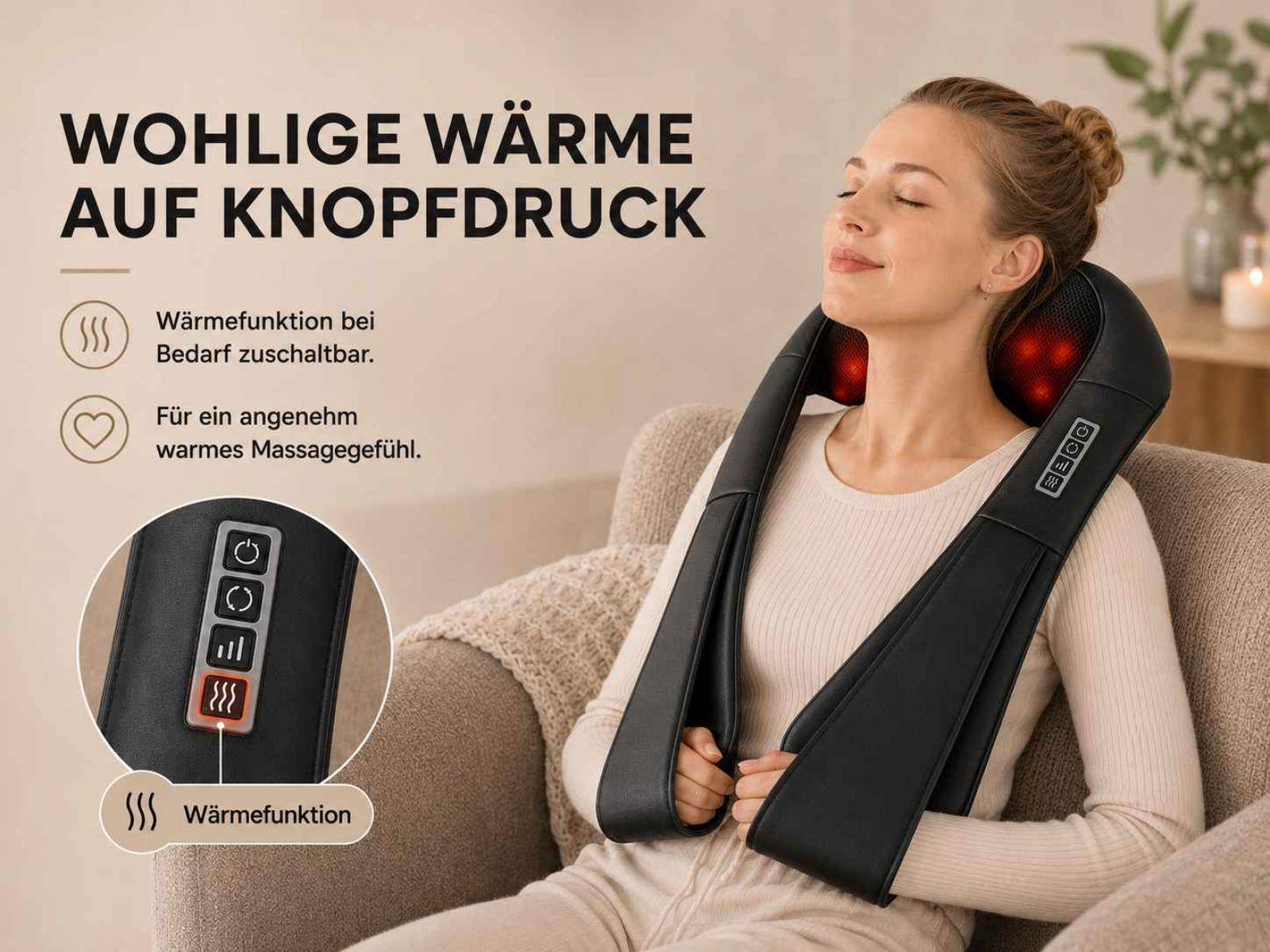 Frau mit Nackenmassagegerät mit Wärmefunktion, entspannt sitzend.