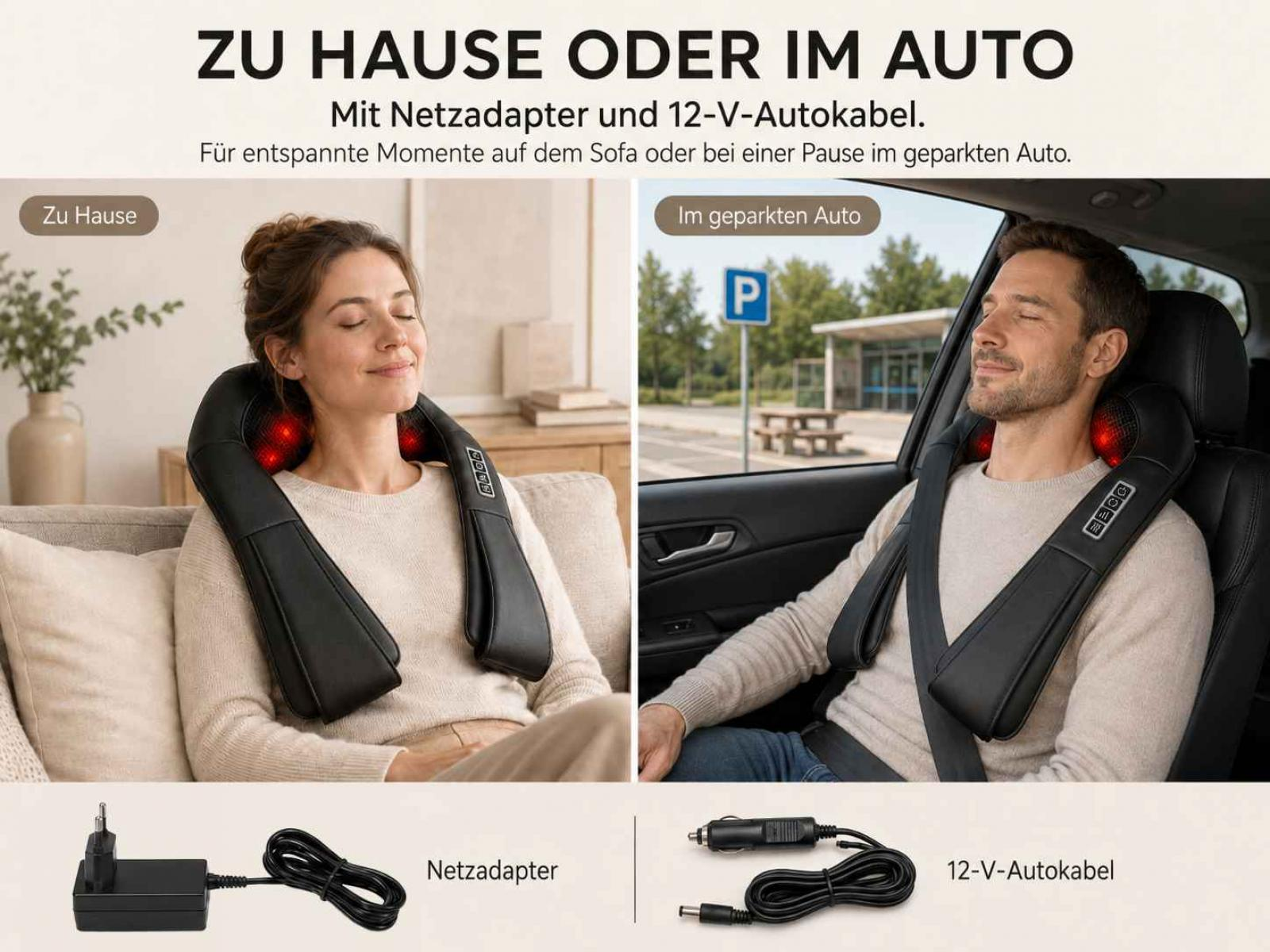 Frau und Mann entspannen sich mit Nackenmassagegerät, Netzadapter und Autokabel.