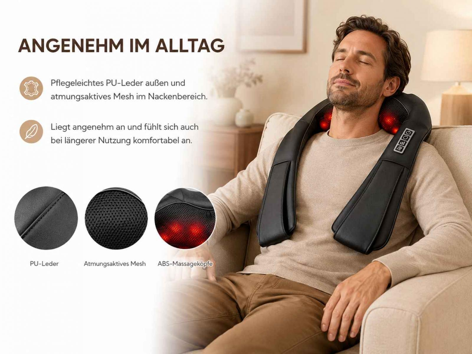 Mann sitzt auf Sofa mit Nackenmassagegerät, das rote Lichter zeigt.