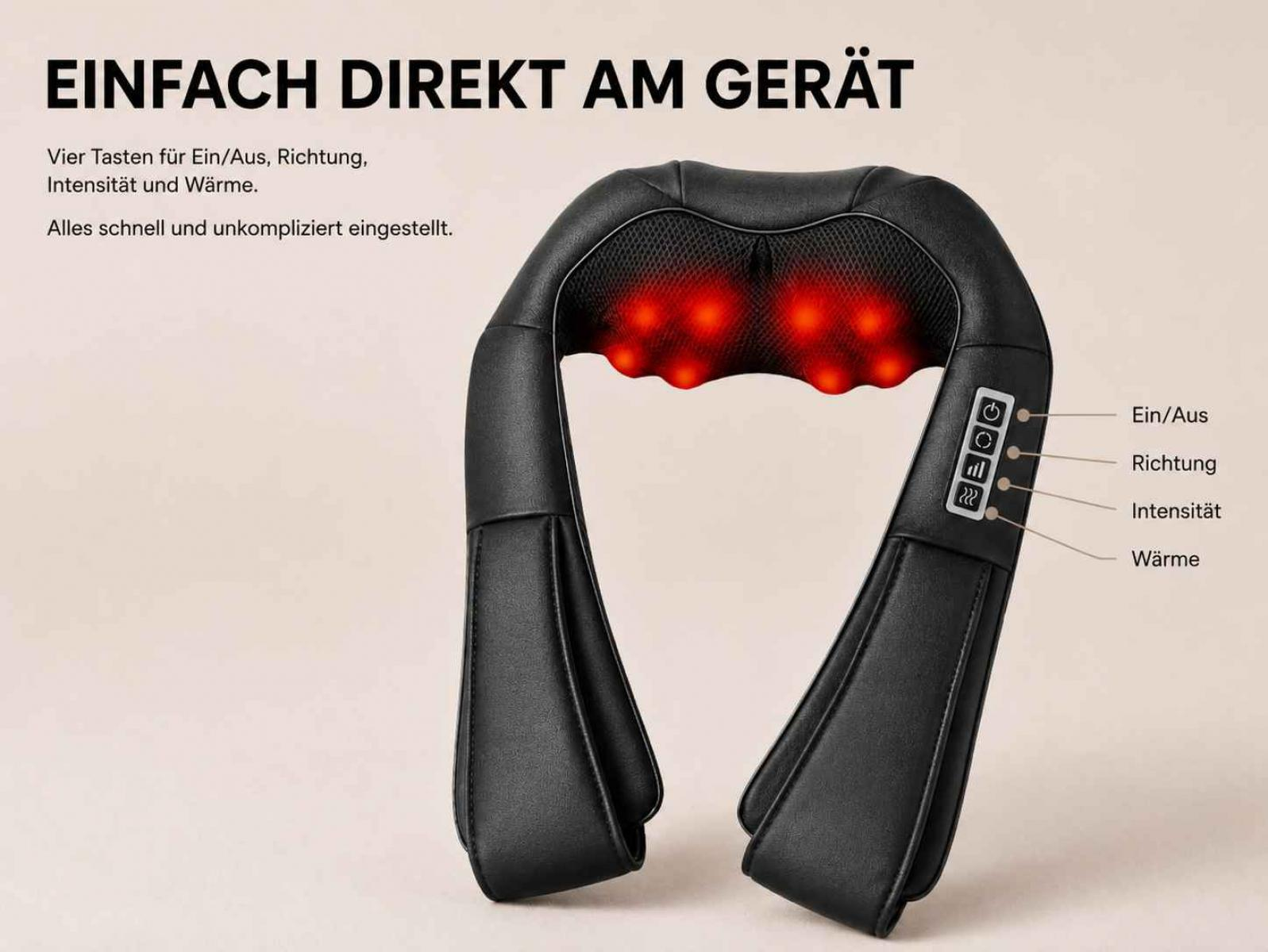 Schwarzer Nackenmassagegerät mit roten Lichtern und Bedienelementen.