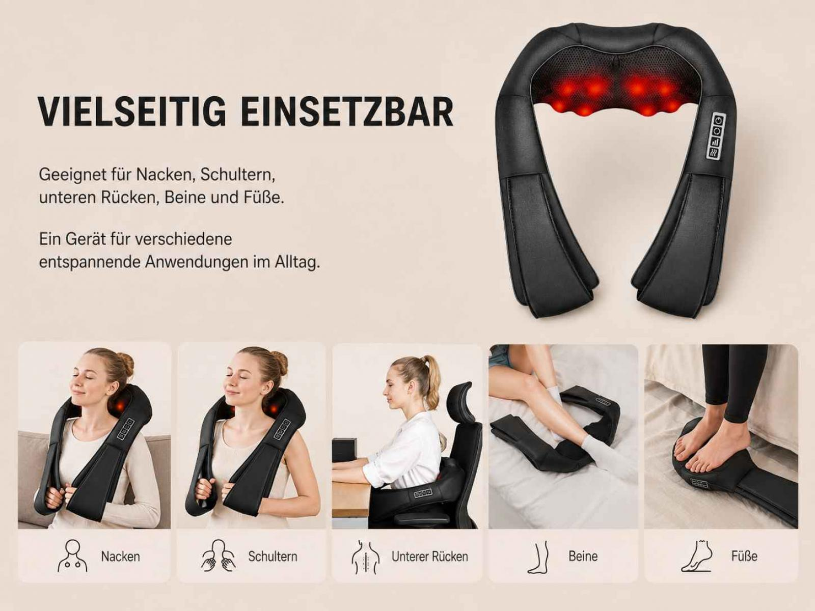 Ein schwarzer Nackenmassager mit roten Lichtern, der für Nacken, Schultern, Rücken, Beine und Füße verwendet wird.
