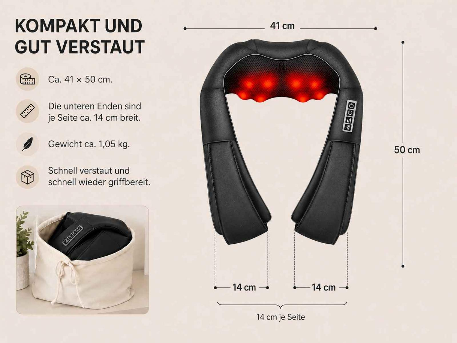 Schwarzer Nackenmassagegerät mit roten LEDs, Maße 41x50cm. In Stoffbeutel.