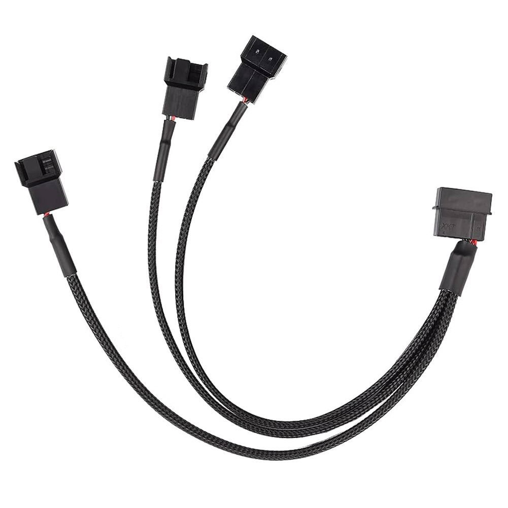 Schwarzes Kabel mit drei 4-Pin-Anschlüssen, eins zu drei Verlängerungskabel.