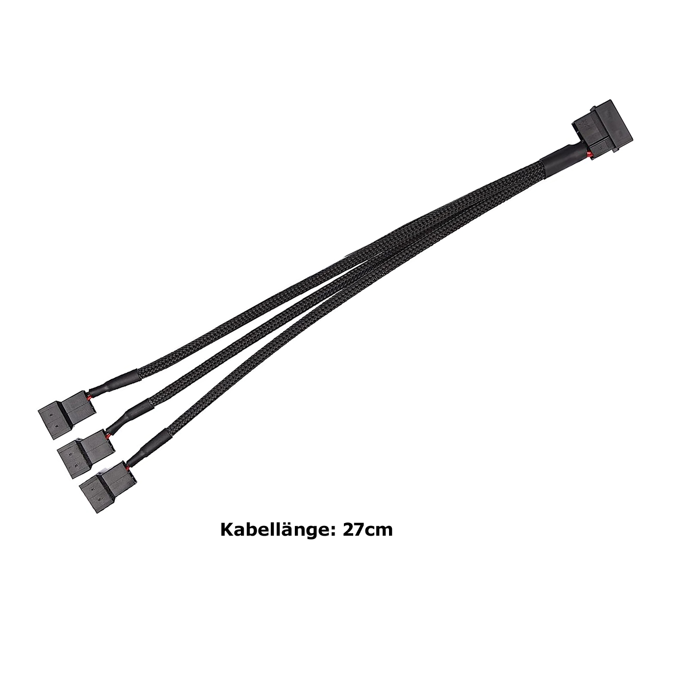 Schwarzes 3-Pin-Lüfterkabel mit 27 cm Länge und einem Stecker.
