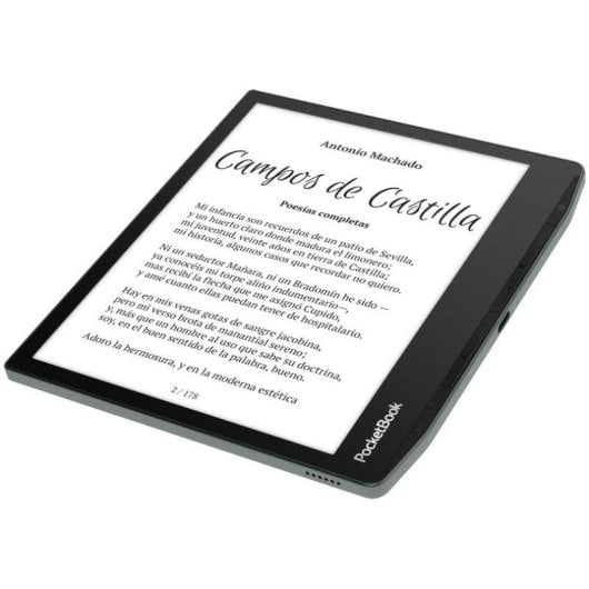 Un e-reader PocketBook grigio mostra poesie di Antonio Machado sul suo schermo.