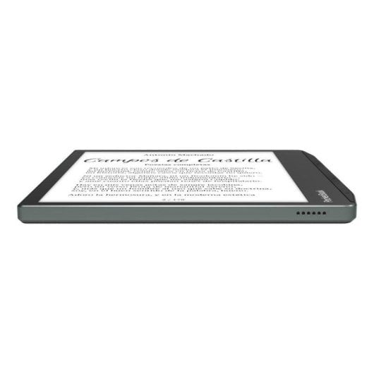 Un e-reader grigio che mostra testo sul suo schermo, visto di lato.