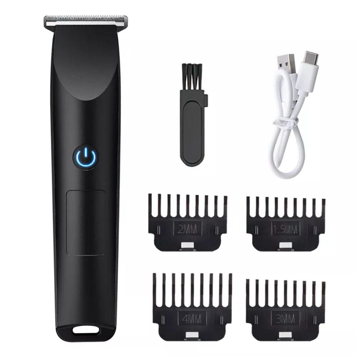 Schwarzer Haarschneider mit Ladeanschluss, Bürste, USB-Kabel und 4 Aufsätzen.