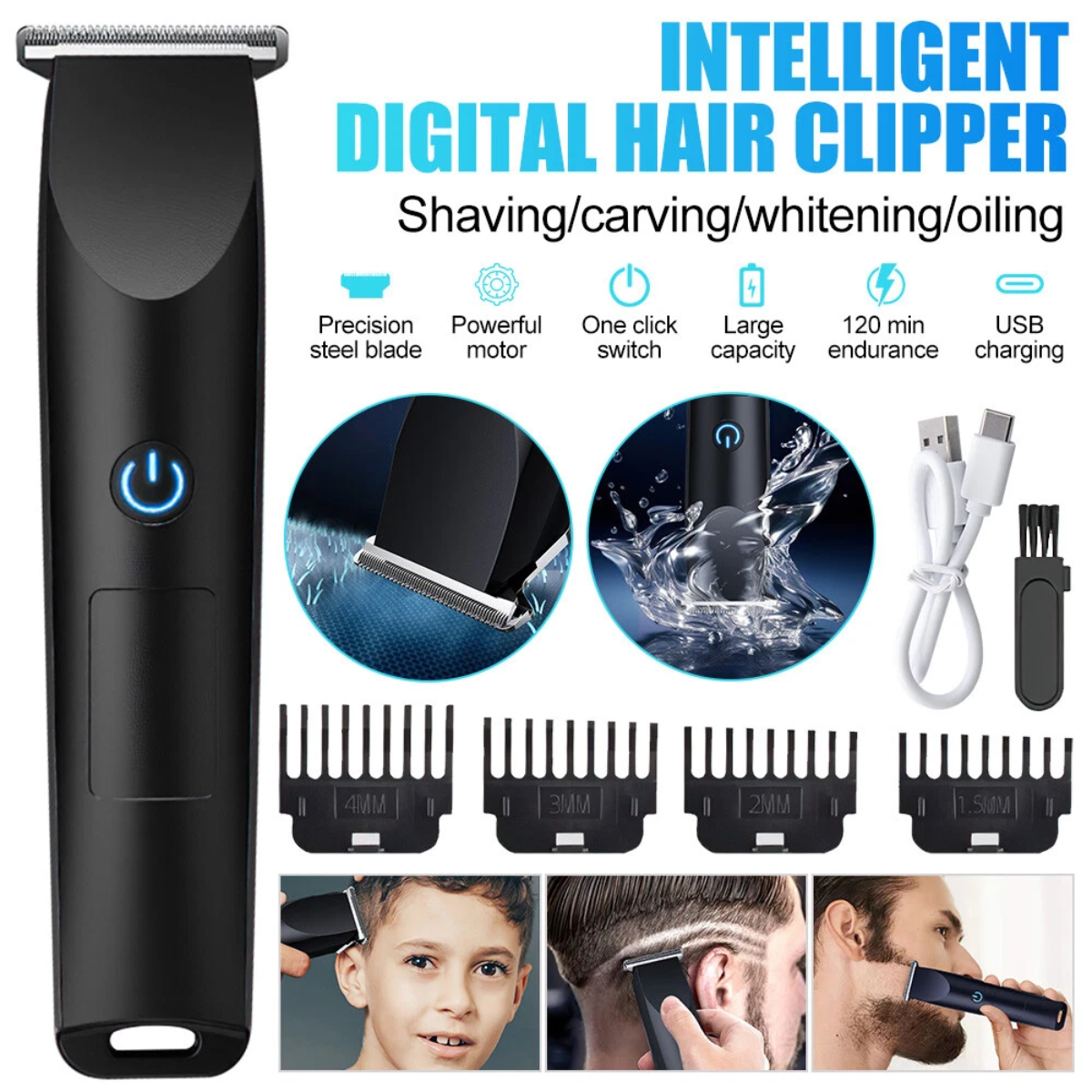 Ein schwarzer digitaler Haartrimmer mit Zubehör, Klingen und Längenaufsätzen.