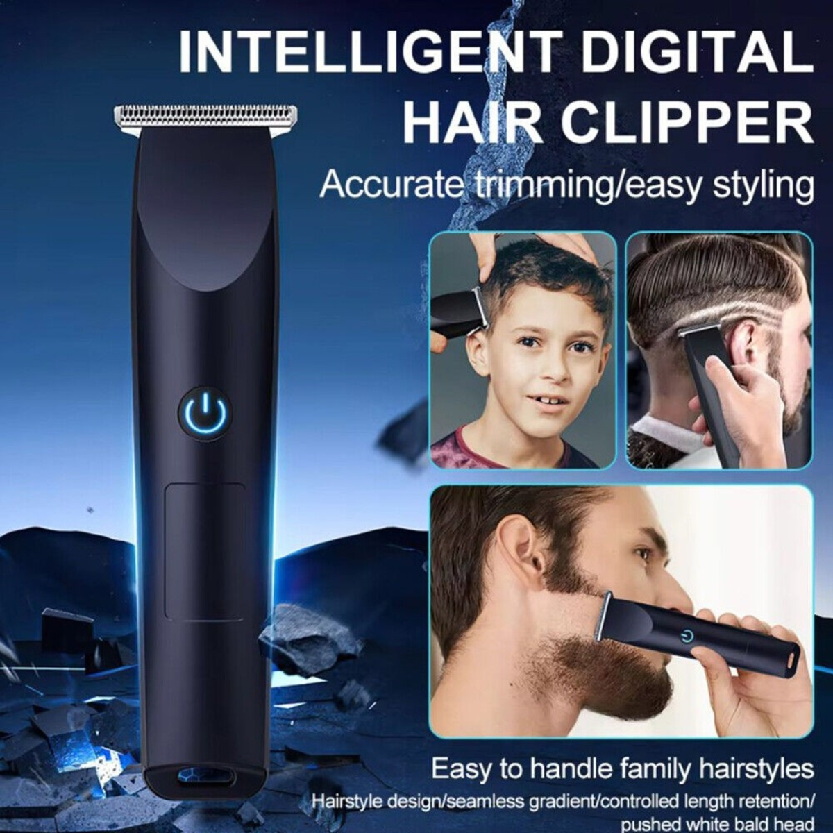 Ein schwarzer digitaler Haarschneider mit blauem Power-Symbol wird gezeigt.