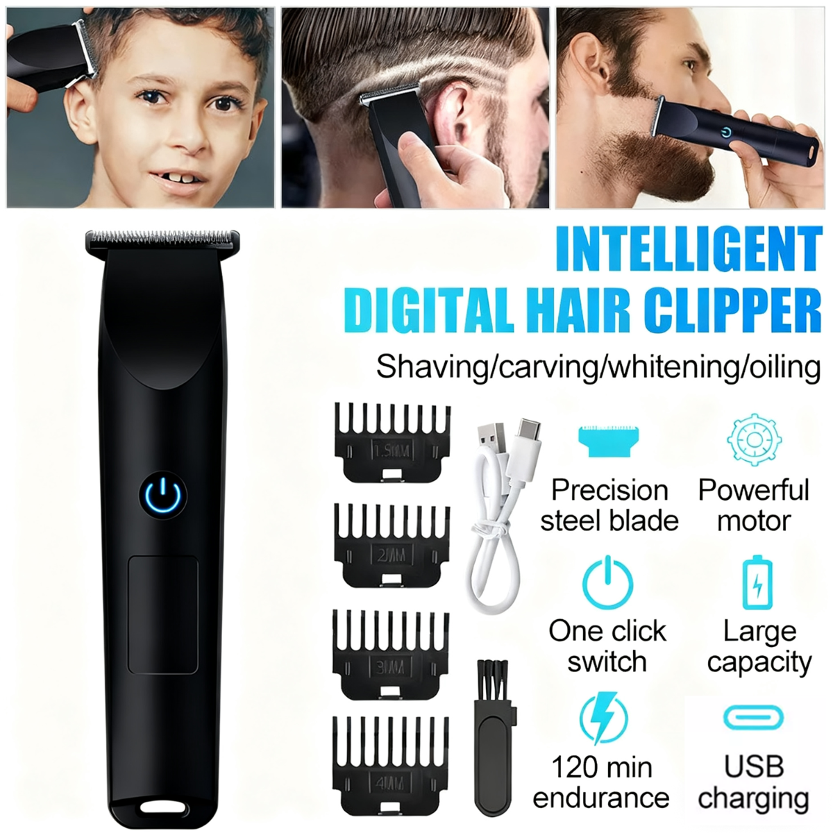 Ein intelligenter digitaler Haartrimmer mit Zubehör und Funktionen.