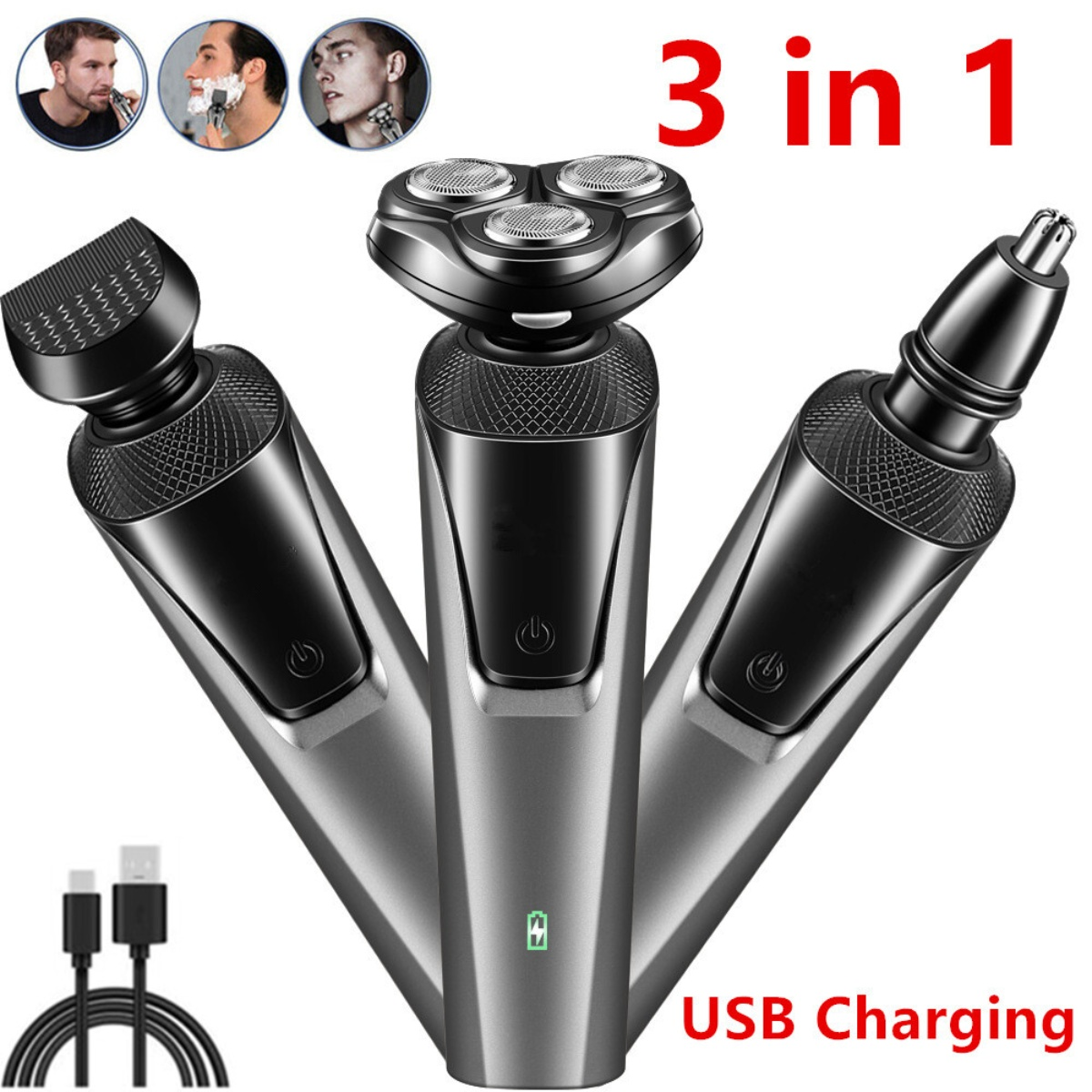 Ein 3-in-1-Rasierer mit Aufsätzen für Bart, Nase und Rasur, USB-Ladekabel.