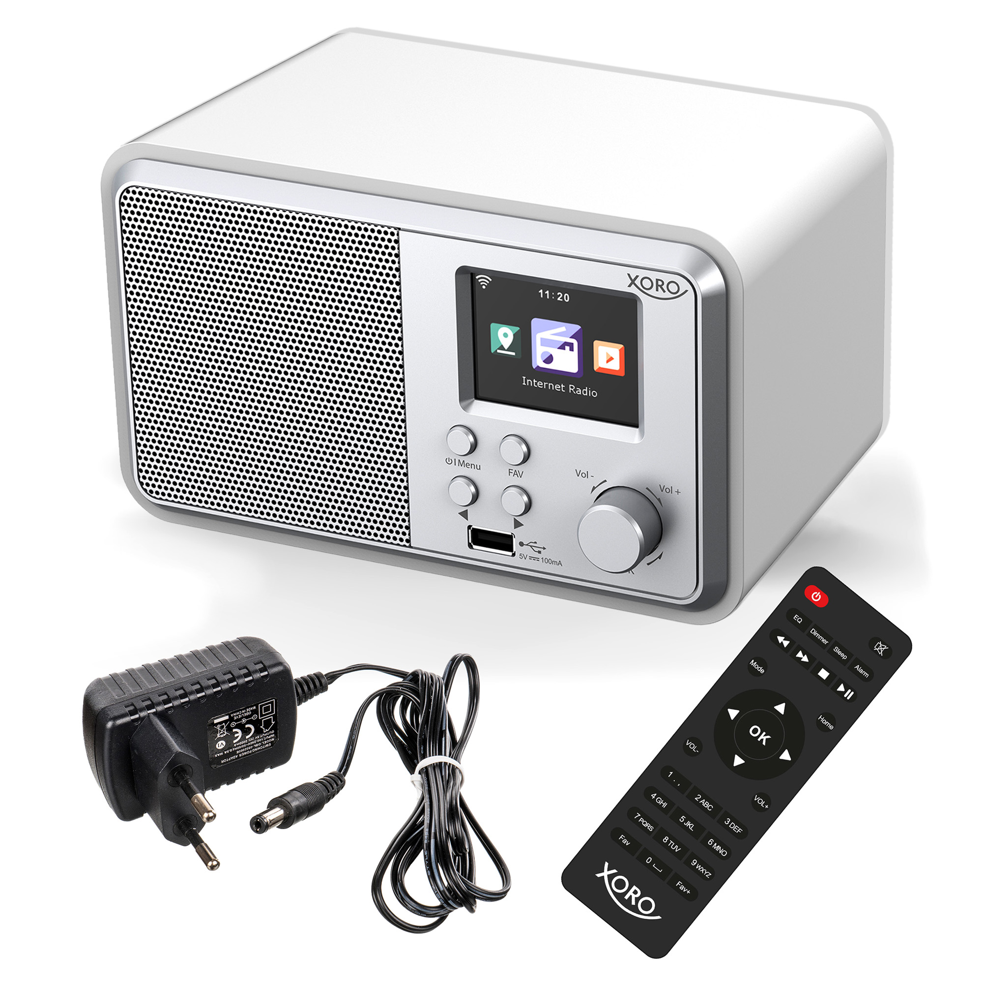 Ein weißes Internetradio mit Fernbedienung, Netzteil und Kabel.