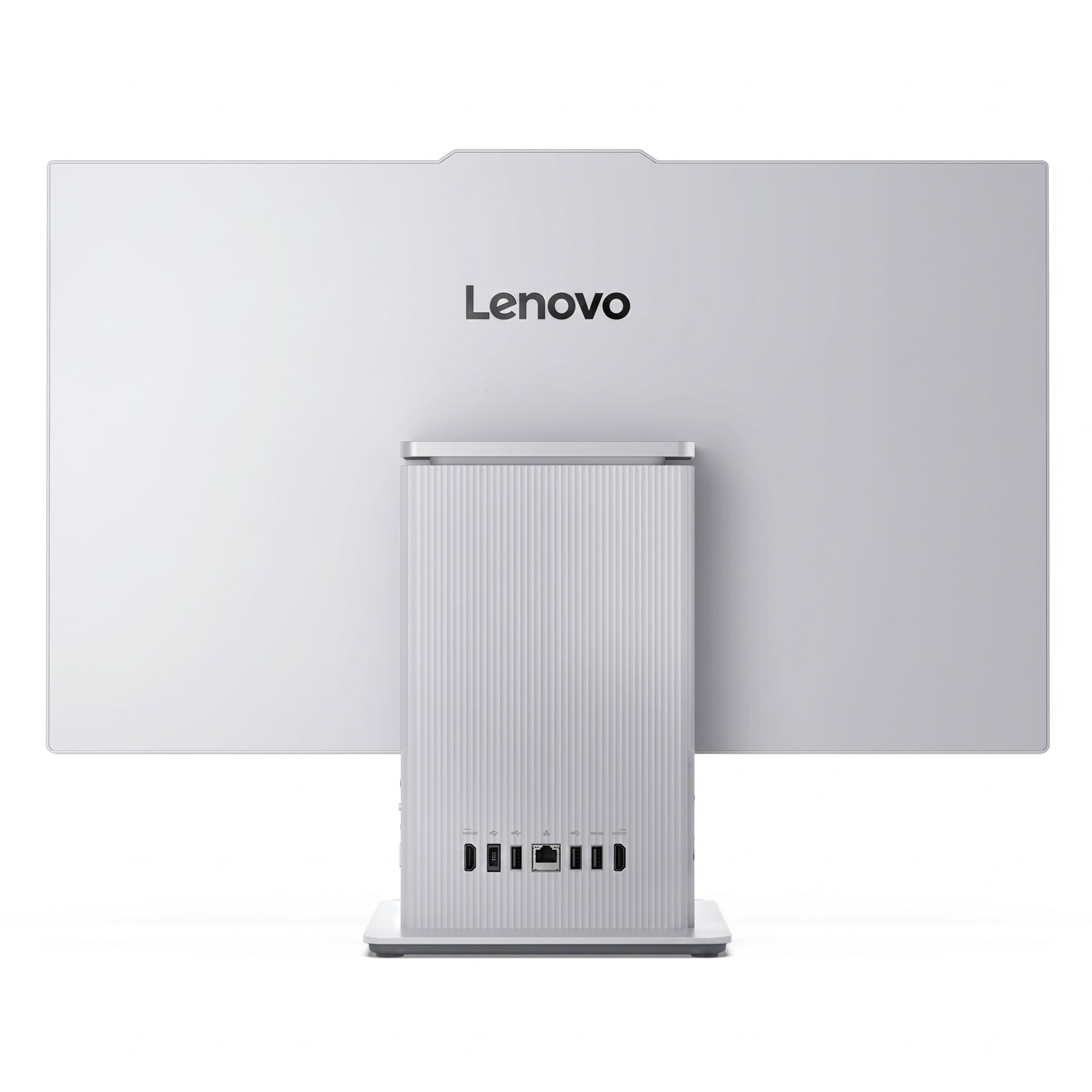 Tabanı portlu beyaz bir Lenovo hepsi bir arada bilgisayarın arka görünümü.