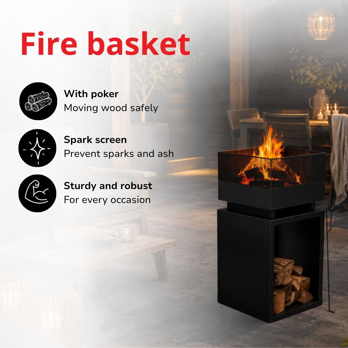 Black fire basket with flames, wood, and accessories on a patio.