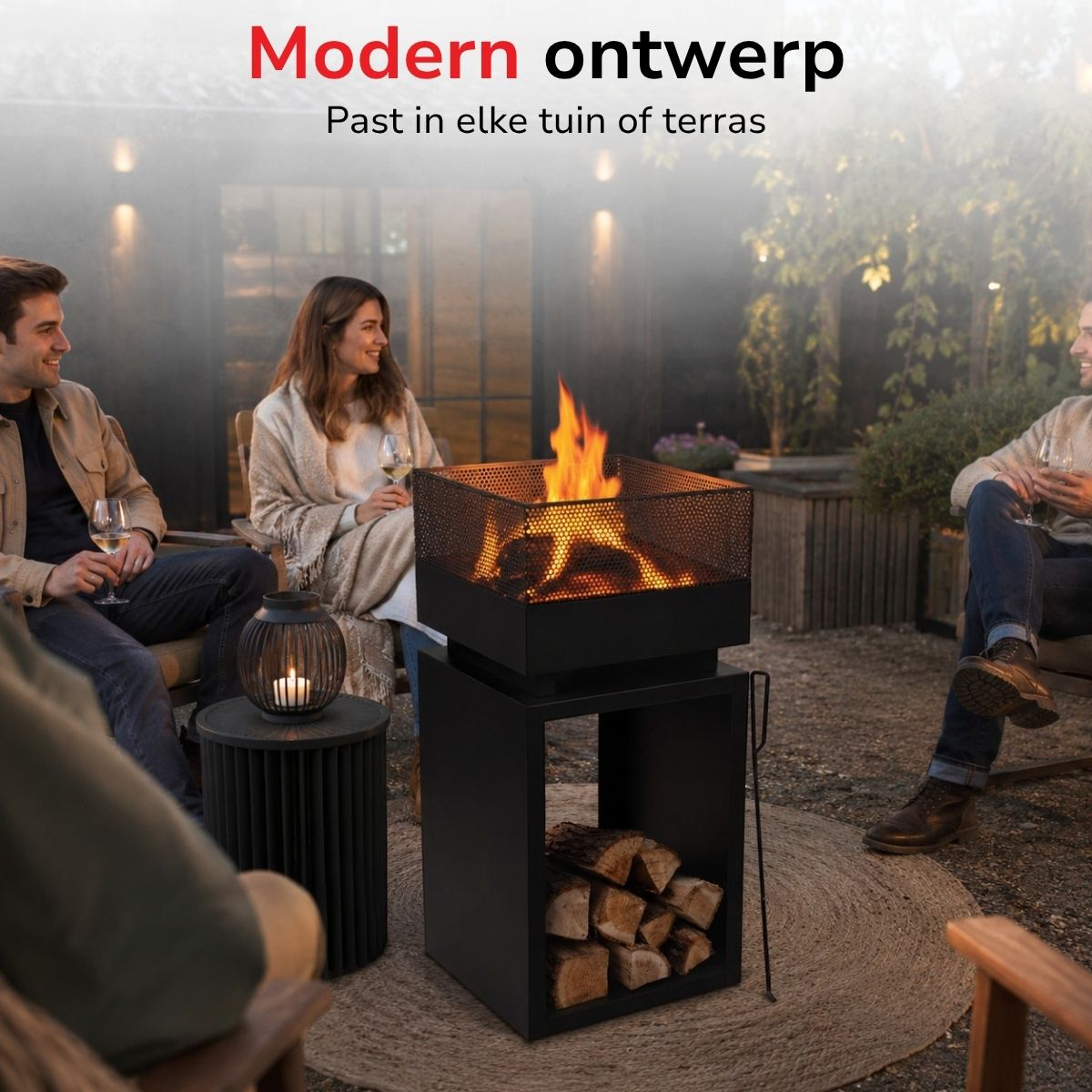 Two couples relax by a fire pit in a garden setting in the evening.