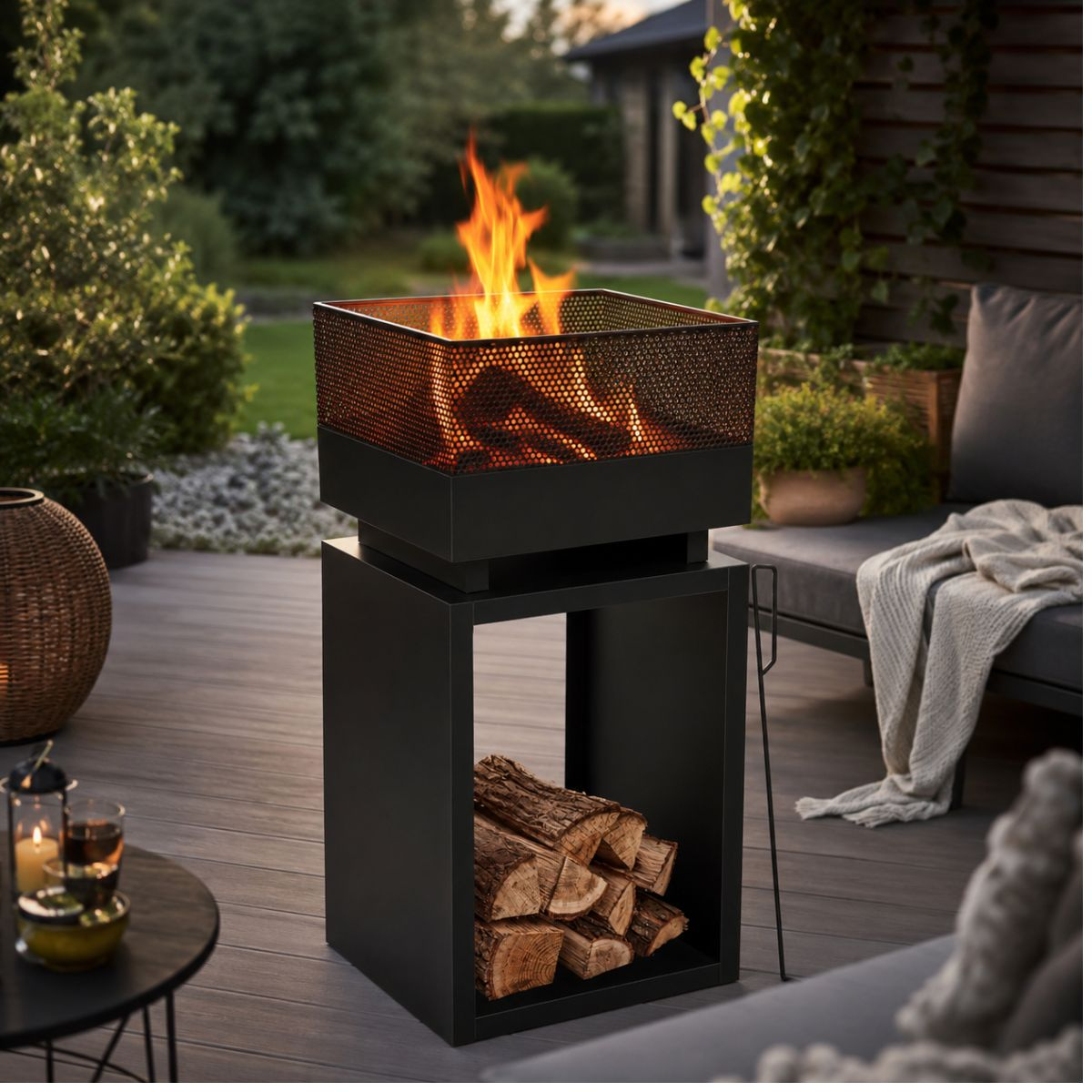 A modern black fire pit burns on a wooden deck with seating and plants.