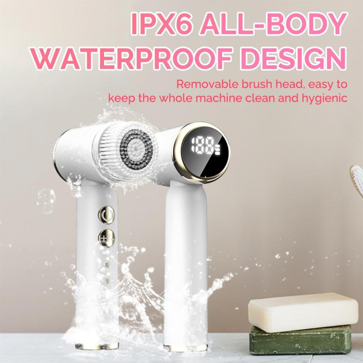 Ein weißes wasserdichtes Massagegerät mit digitaler Anzeige und Bürstenkopf.