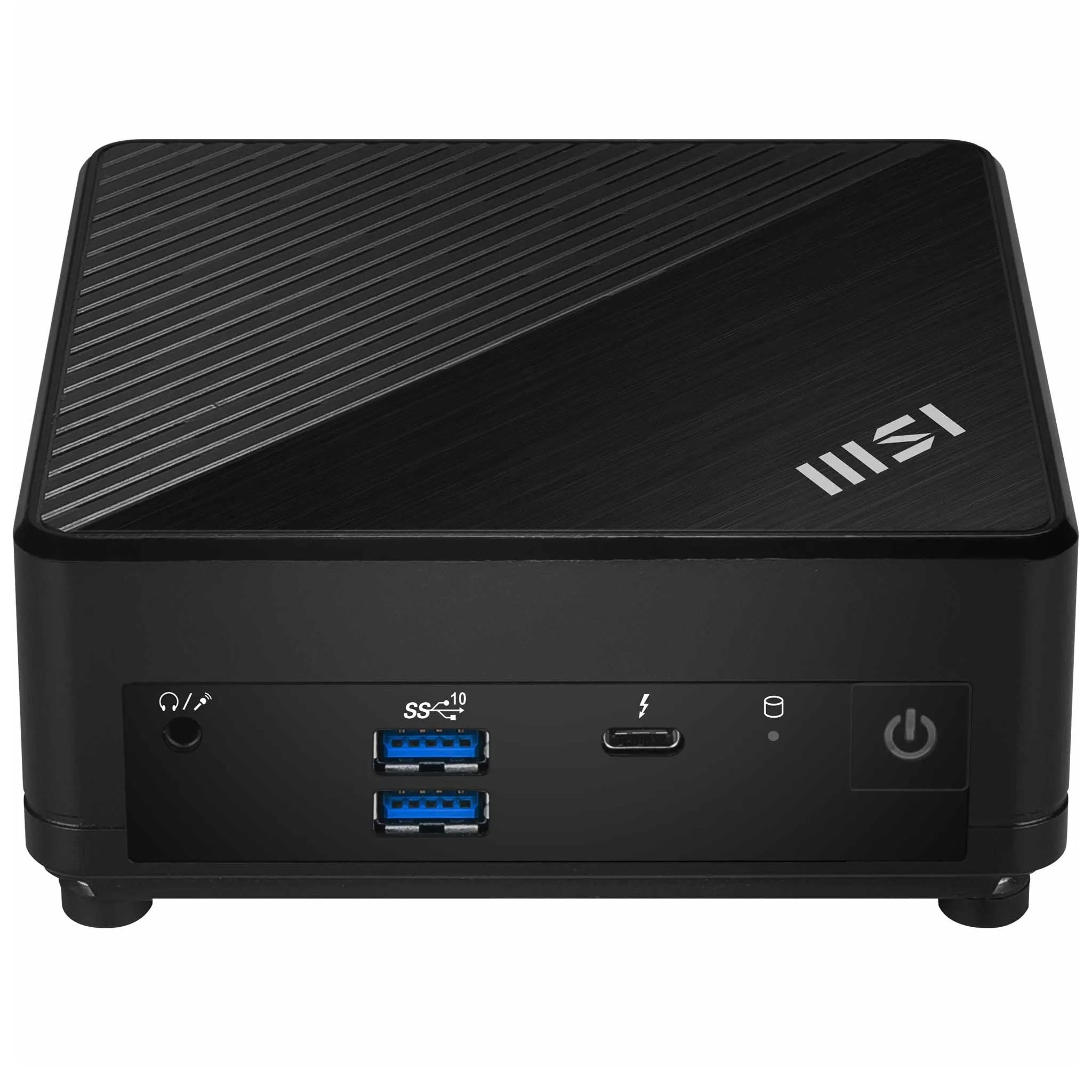Schwarzer Mini-PC mit gebürsteter Oberseite, USB-Anschlüssen und Power-Button.