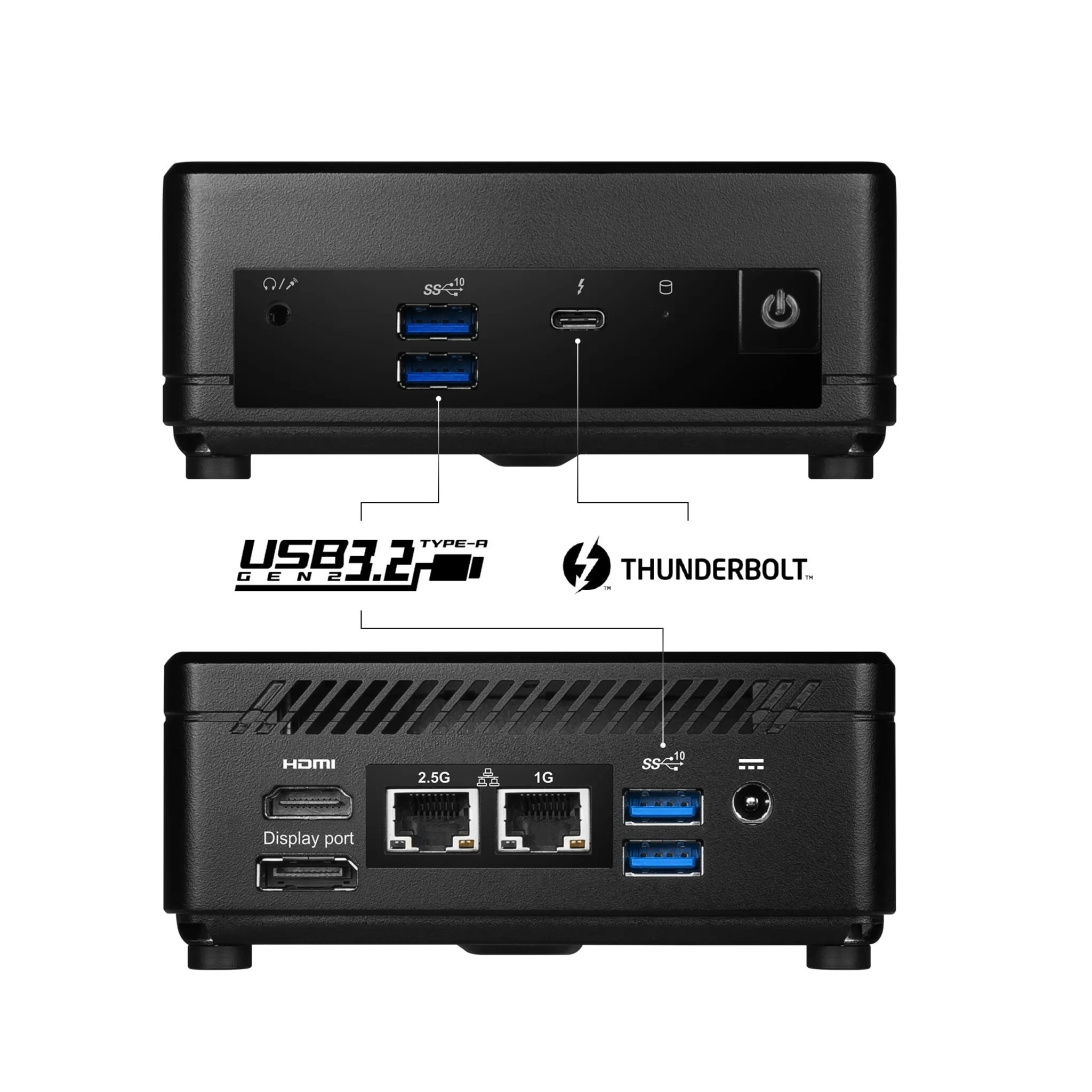 Rückseite eines schwarzen Mini-PCs mit Anschlüssen: HDMI, DisplayPort, 2x LAN, 2x USB-A, Thunderbolt.