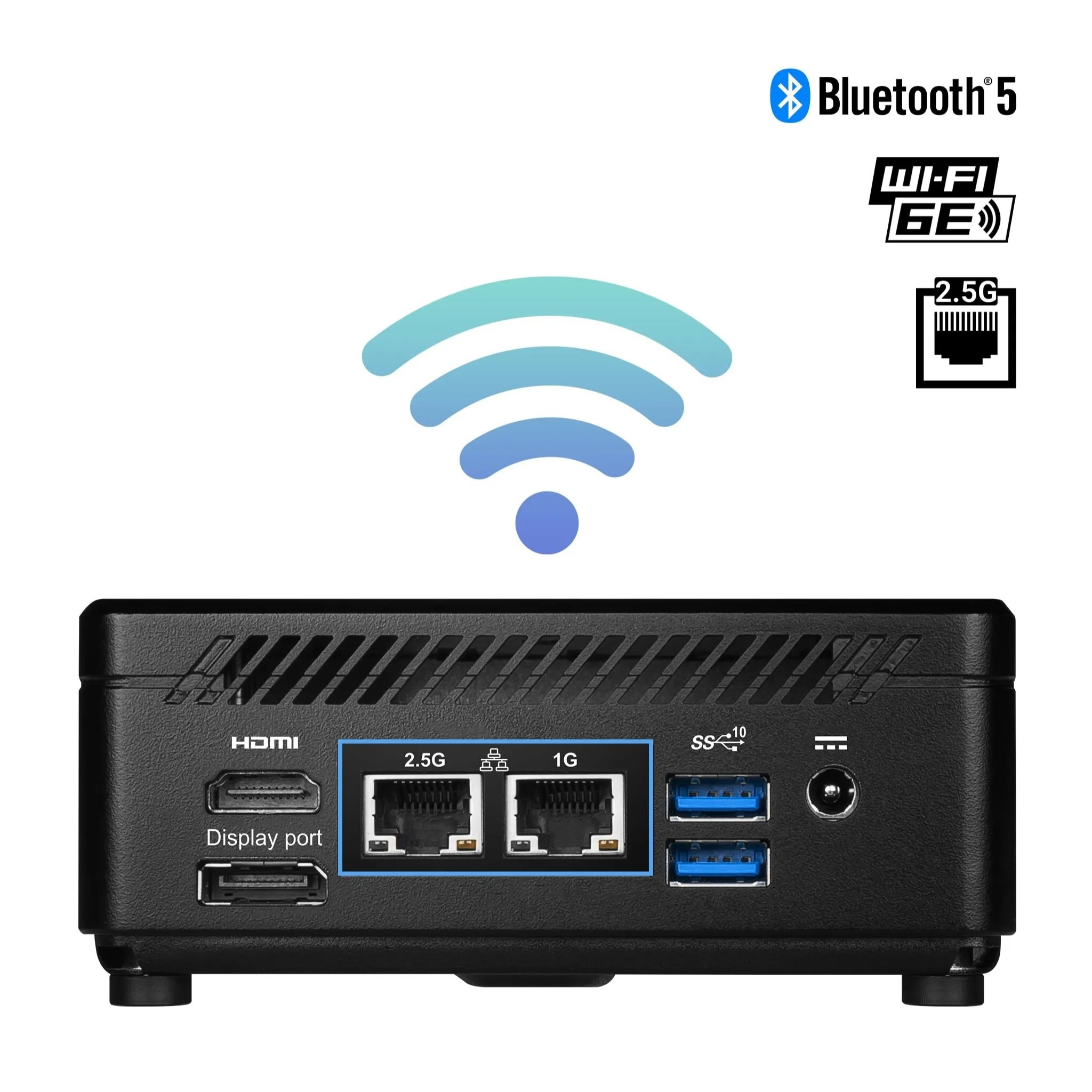 Ein schwarzer Mini-PC mit Anschlüssen: HDMI, DisplayPort, 2x 2.5G LAN, 1G LAN, 2x USB.