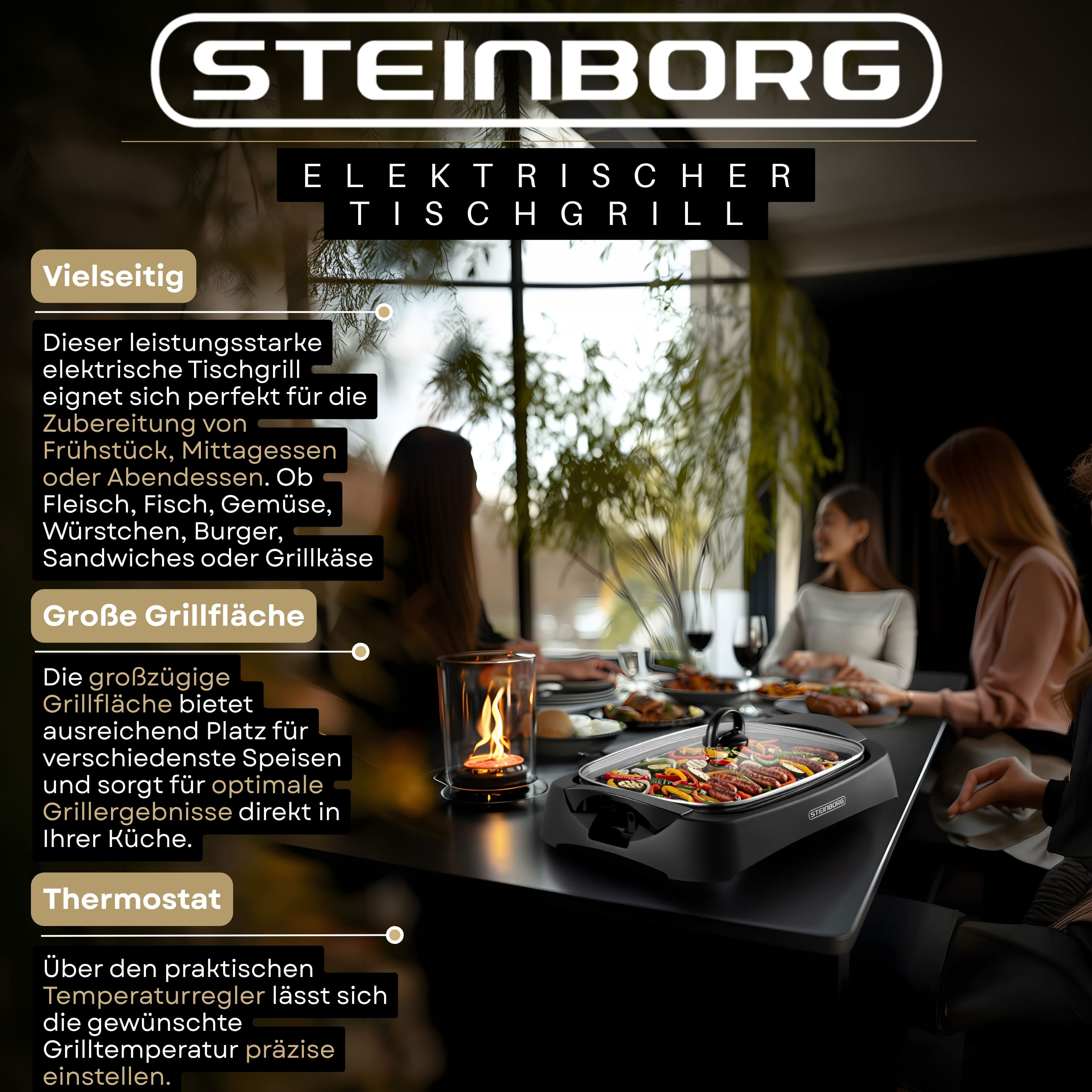 Ein Steinborg Elektro Tischgrill mit gegrilltem Essen, Personen am Tisch, im Hintergrund.