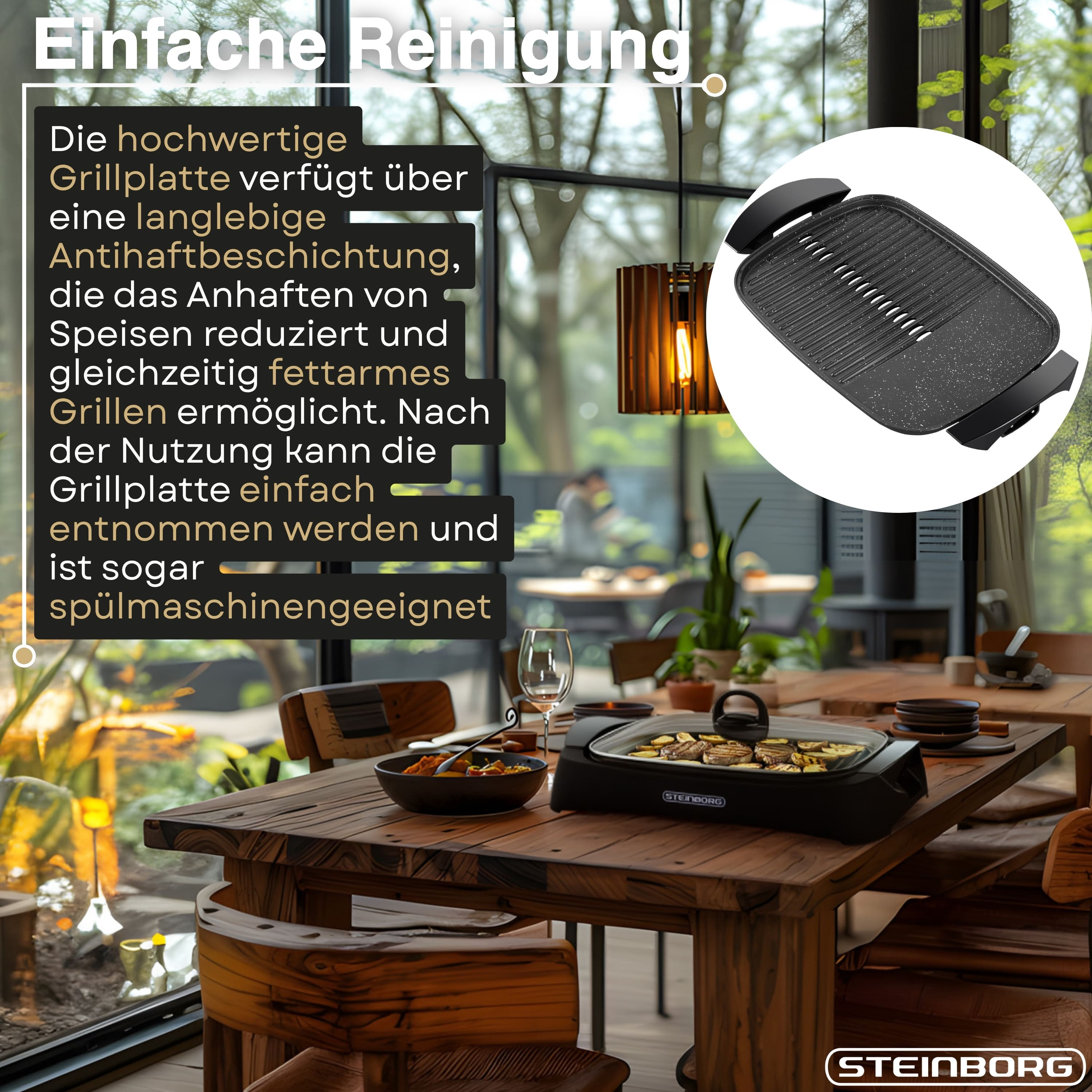 Eine elektrische Grillplatte mit Speisen und Geschirr auf einem Holztisch.