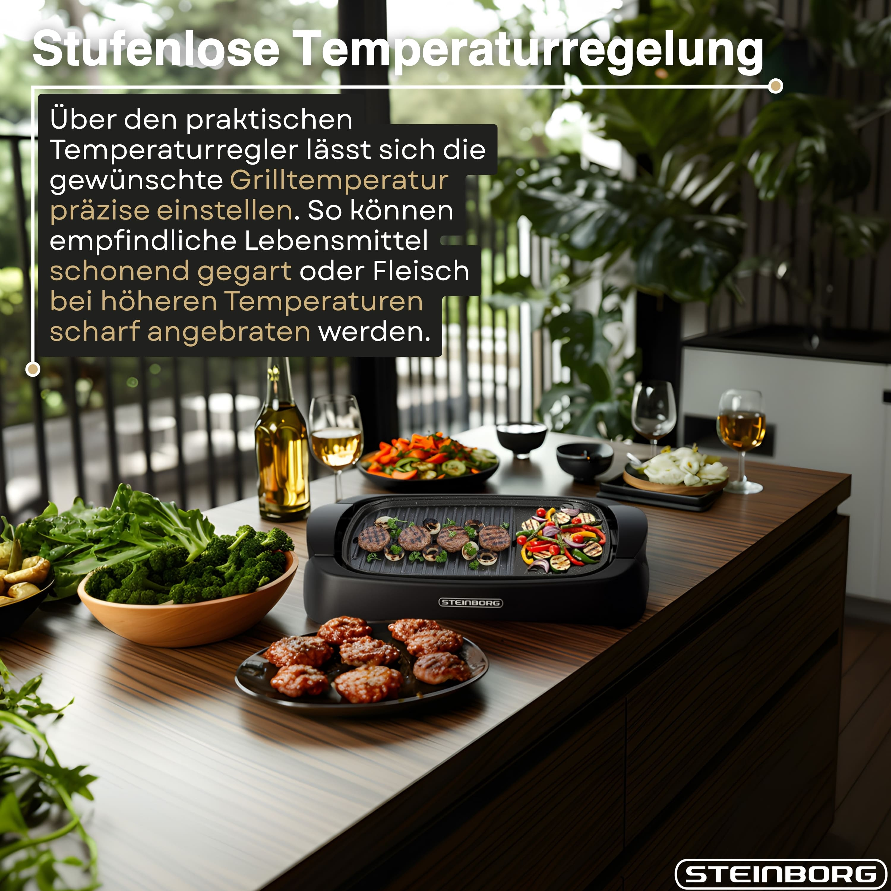 Ein Steingborg Grill mit Fleisch und Gemüse, dazu eine Flasche Wein.