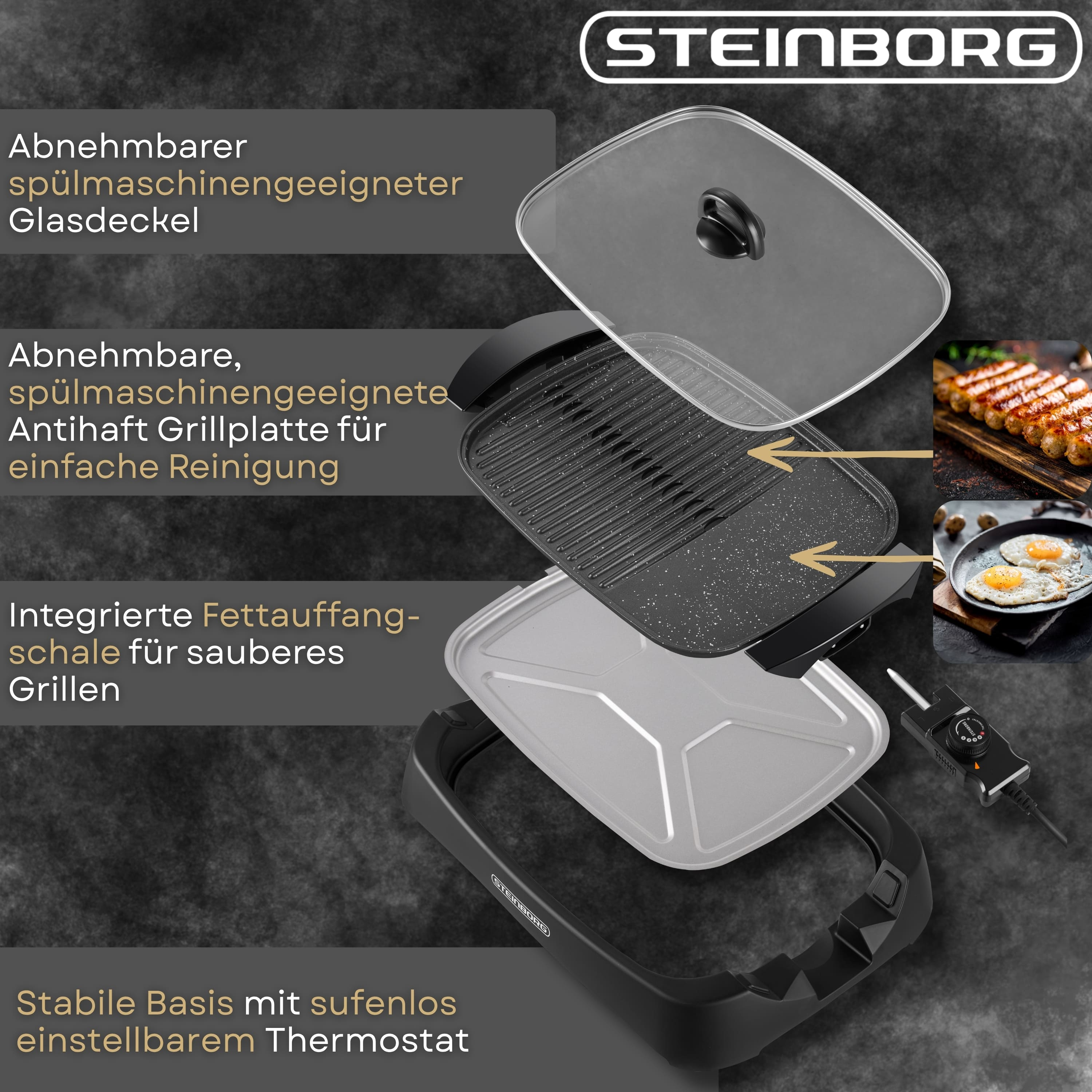 Ein zerlegbarer Elektrogrill mit Glasdeckel, Grillplatte, Fettauffangschale und Thermostat.