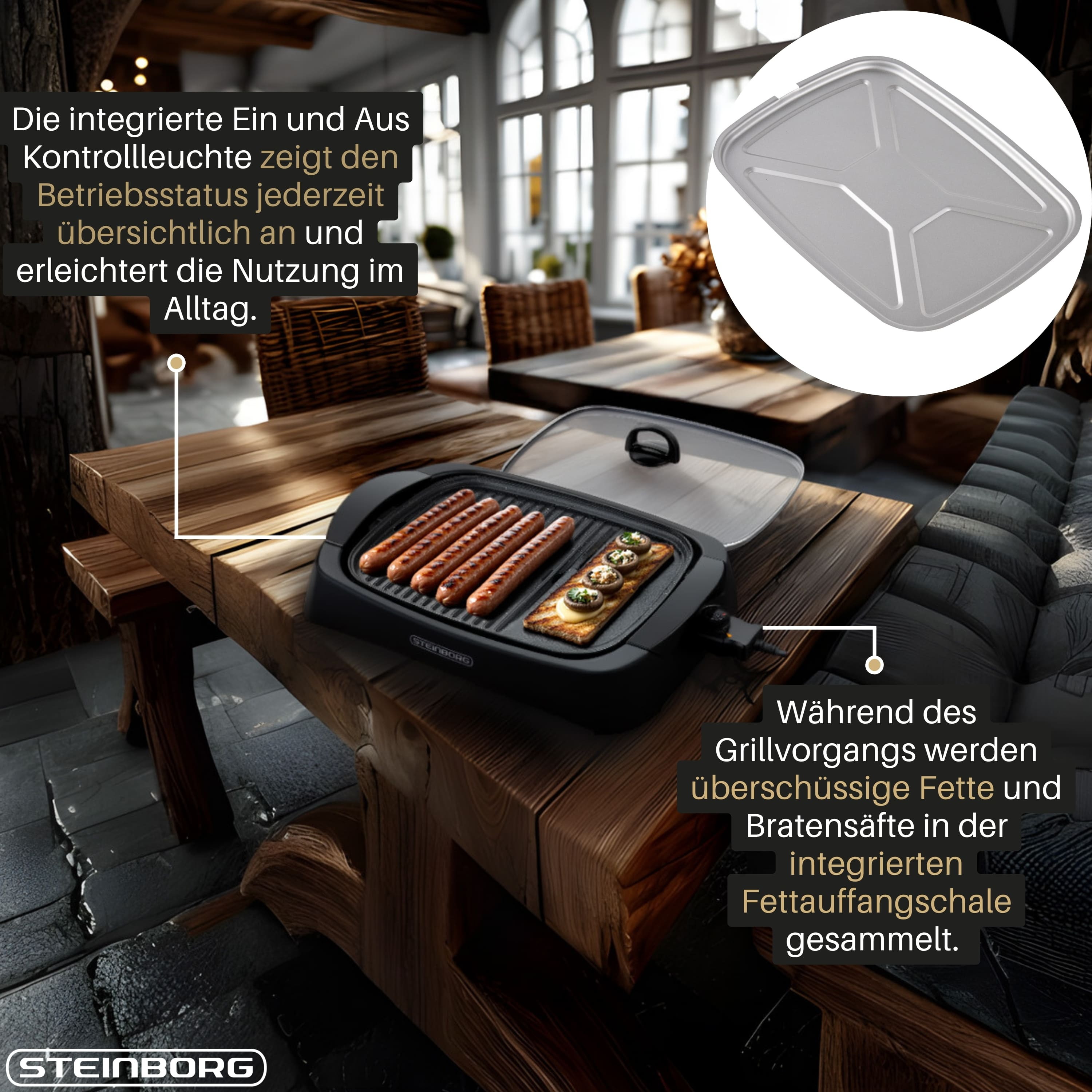 Elektrischer Grill mit Würstchen und Brot, Fettauffangschale.