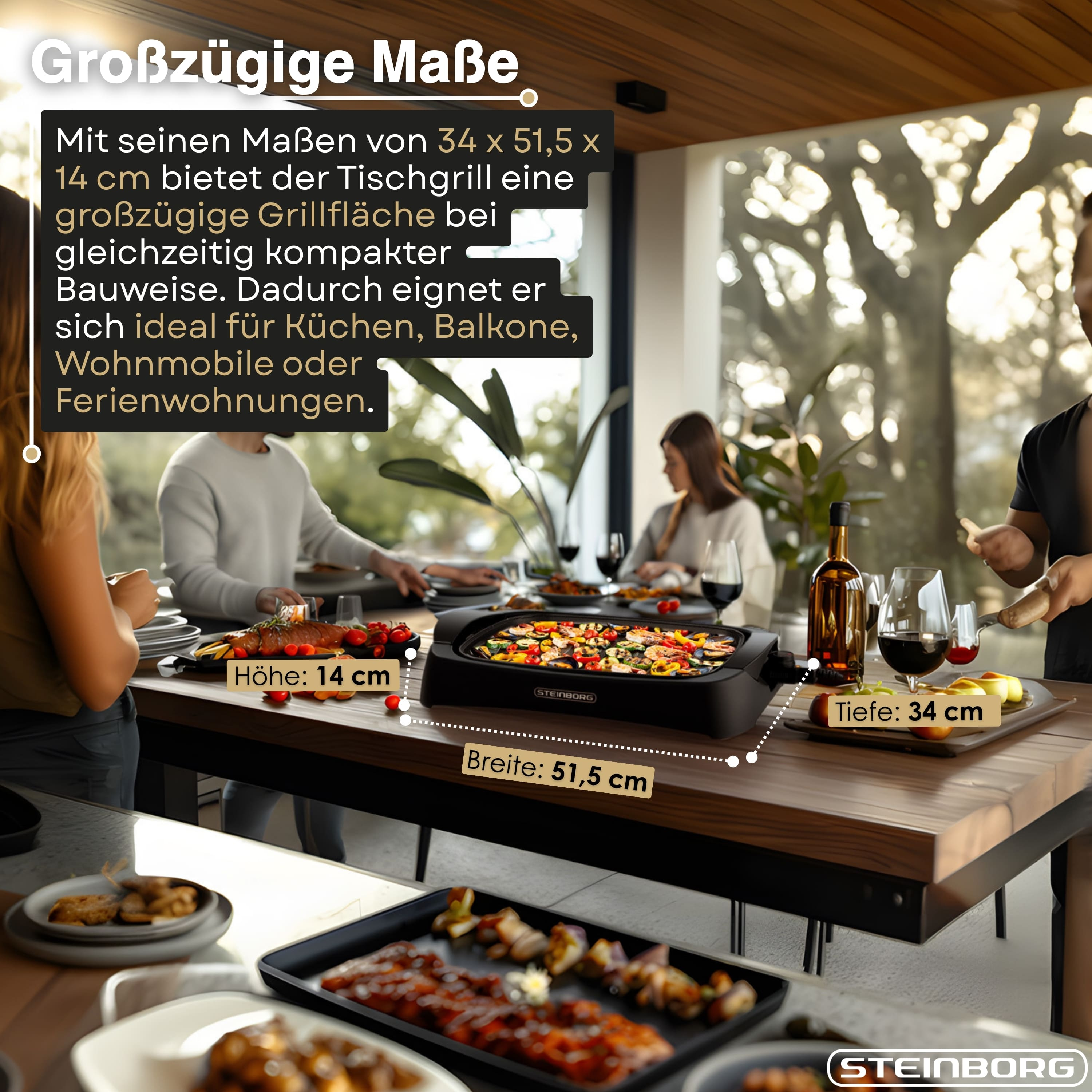 Ein Tischgrill mit Grillgut und Menschen an einem Tisch.
