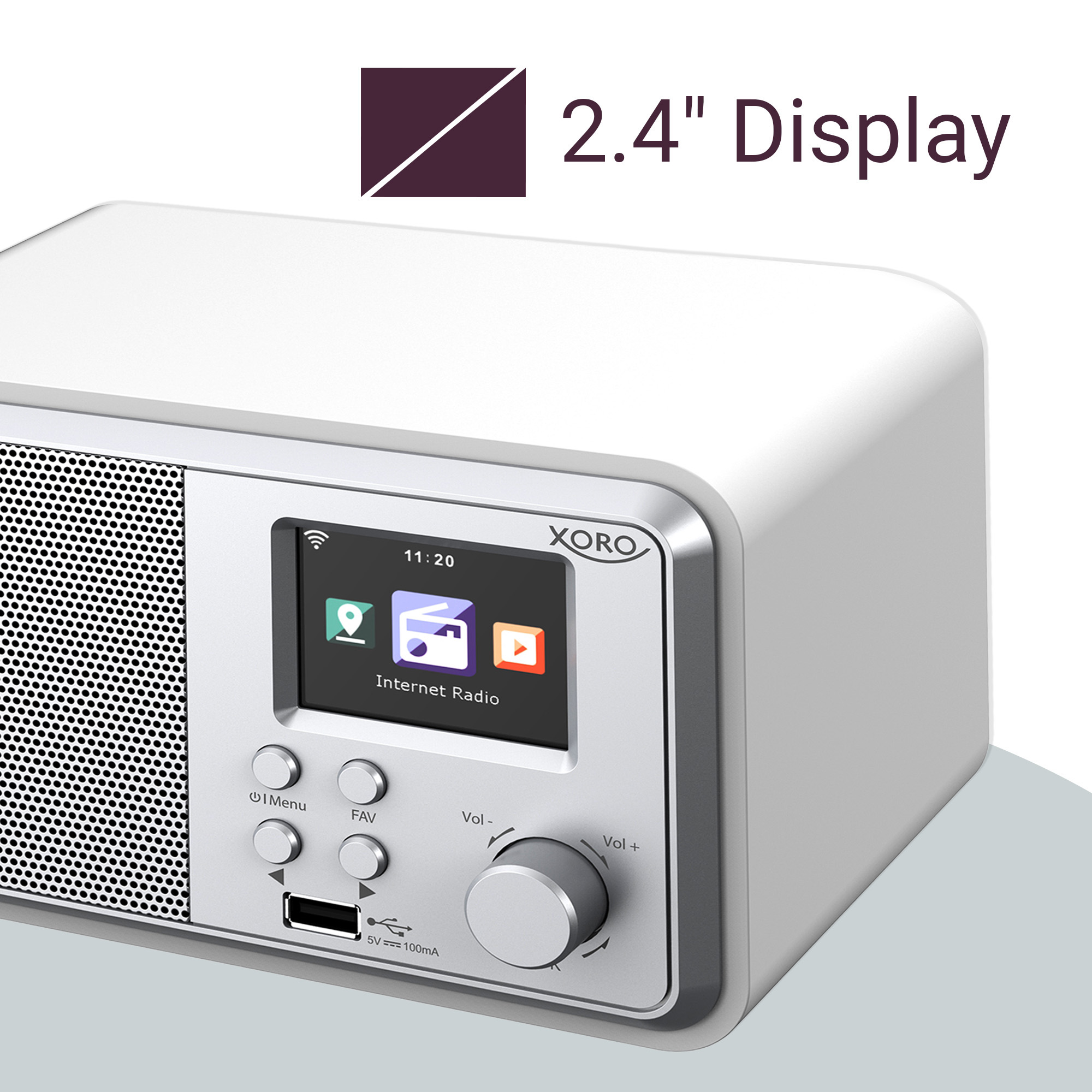 Ein weißes Internetradio mit einem 2,4-Zoll-Display, das die Uhrzeit und das Internetradio anzeigt.