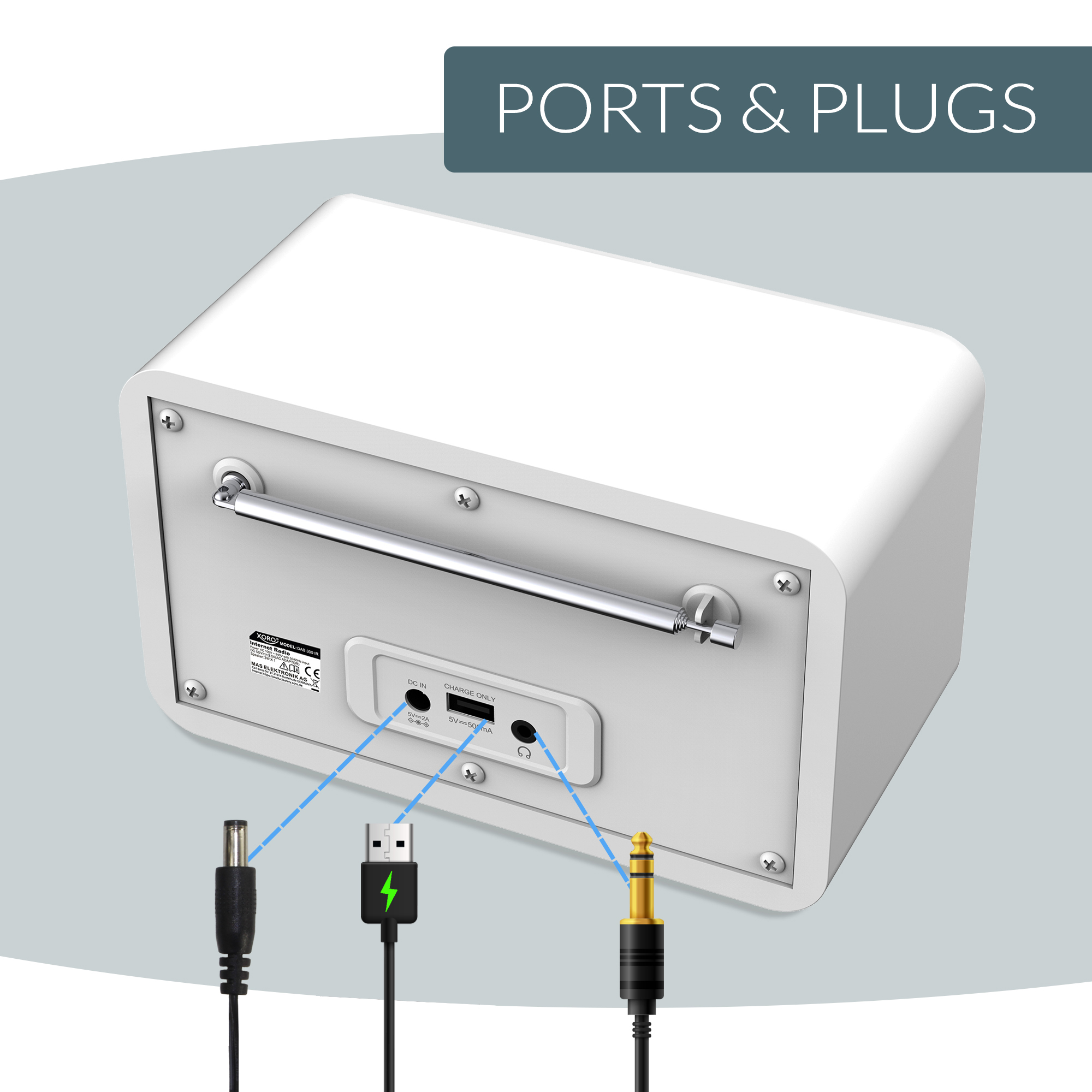 Ein weiser Internetradio mit Anschlussen: DC IN, USB (Laden), Kopfhurer.