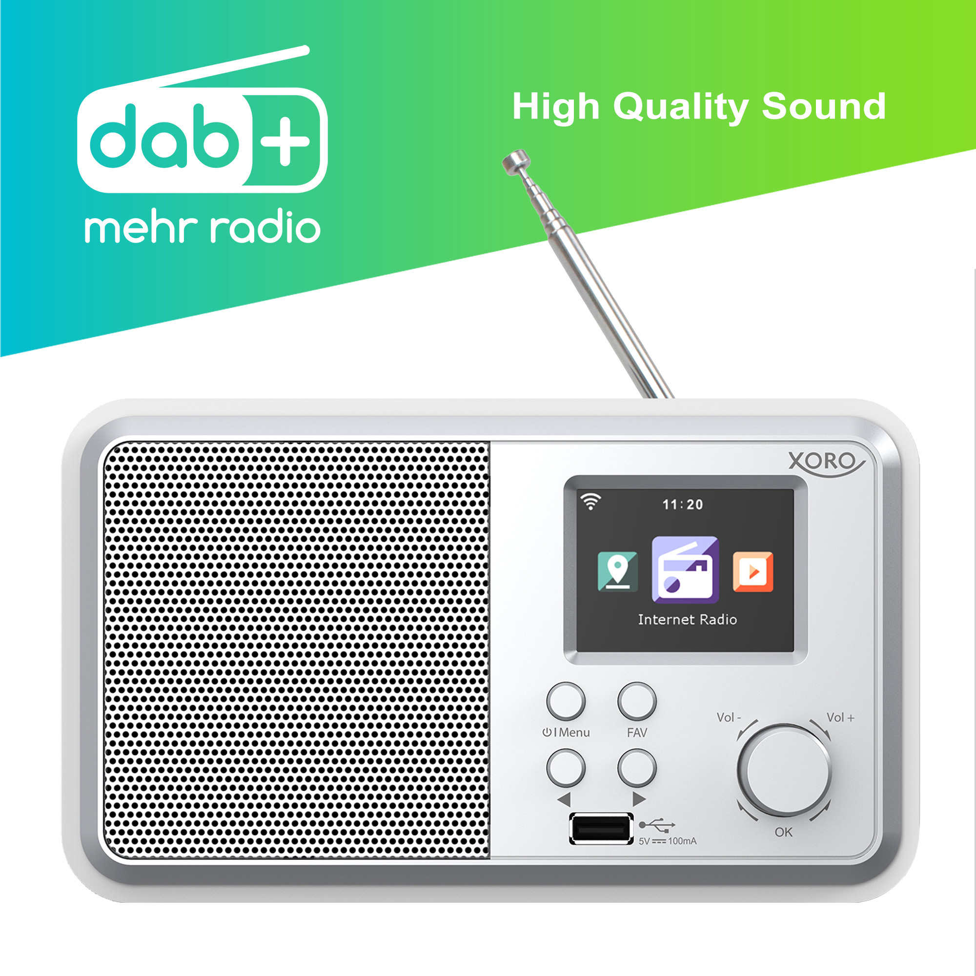 Ein weißes DAB+ Internetradio mit silberner Antenne und Farbdisplay.