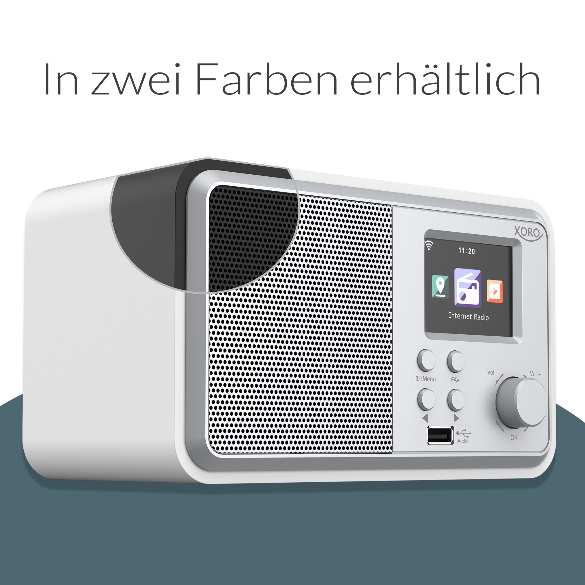Ein weißes Internetradio mit silbernen Akzenten und einem Bildschirm.