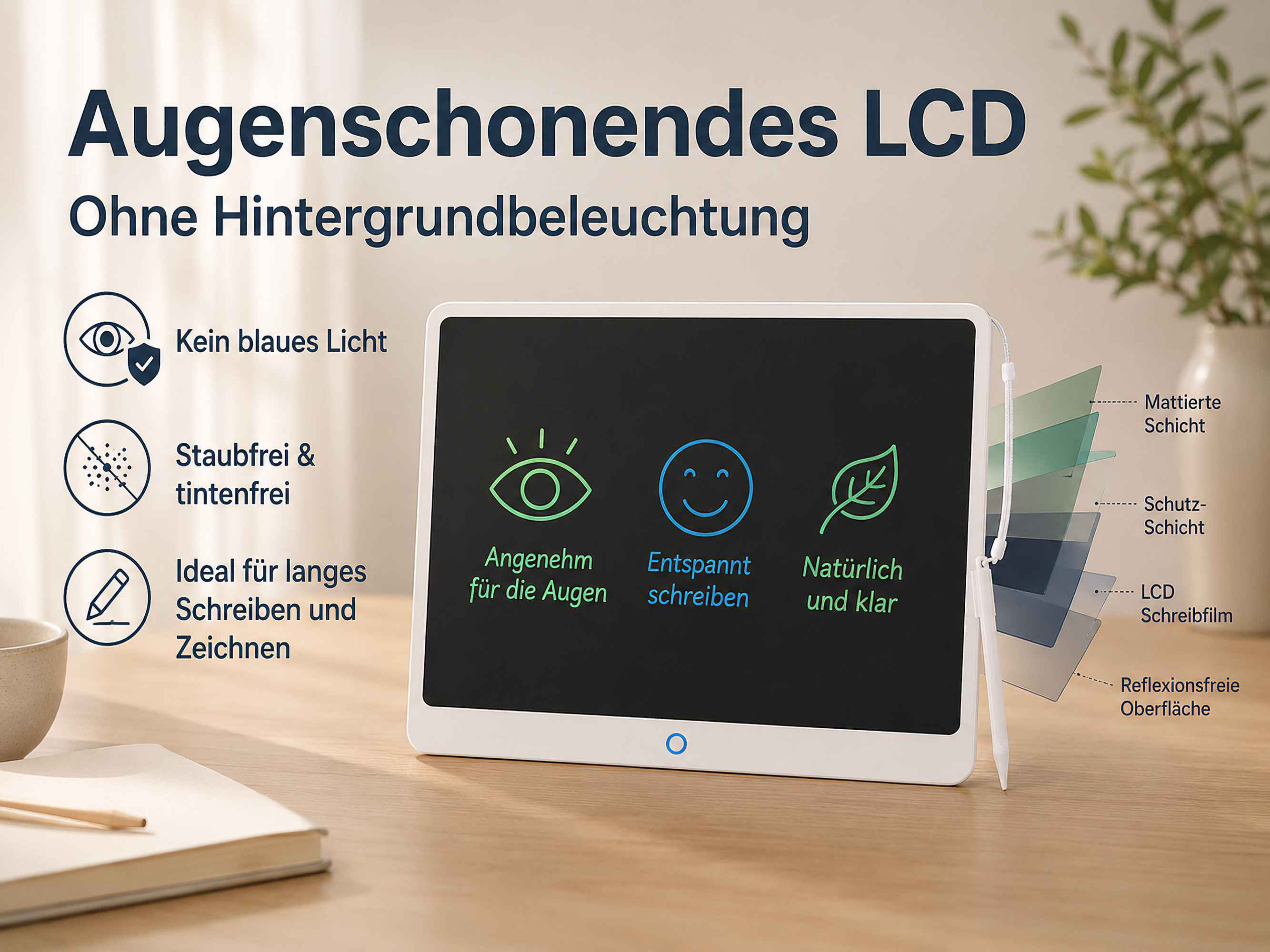 Augenschonendes LCD ohne Hintergrundbeleuchtung mit Icons für Augen, Staubfreiheit & Schreiben.