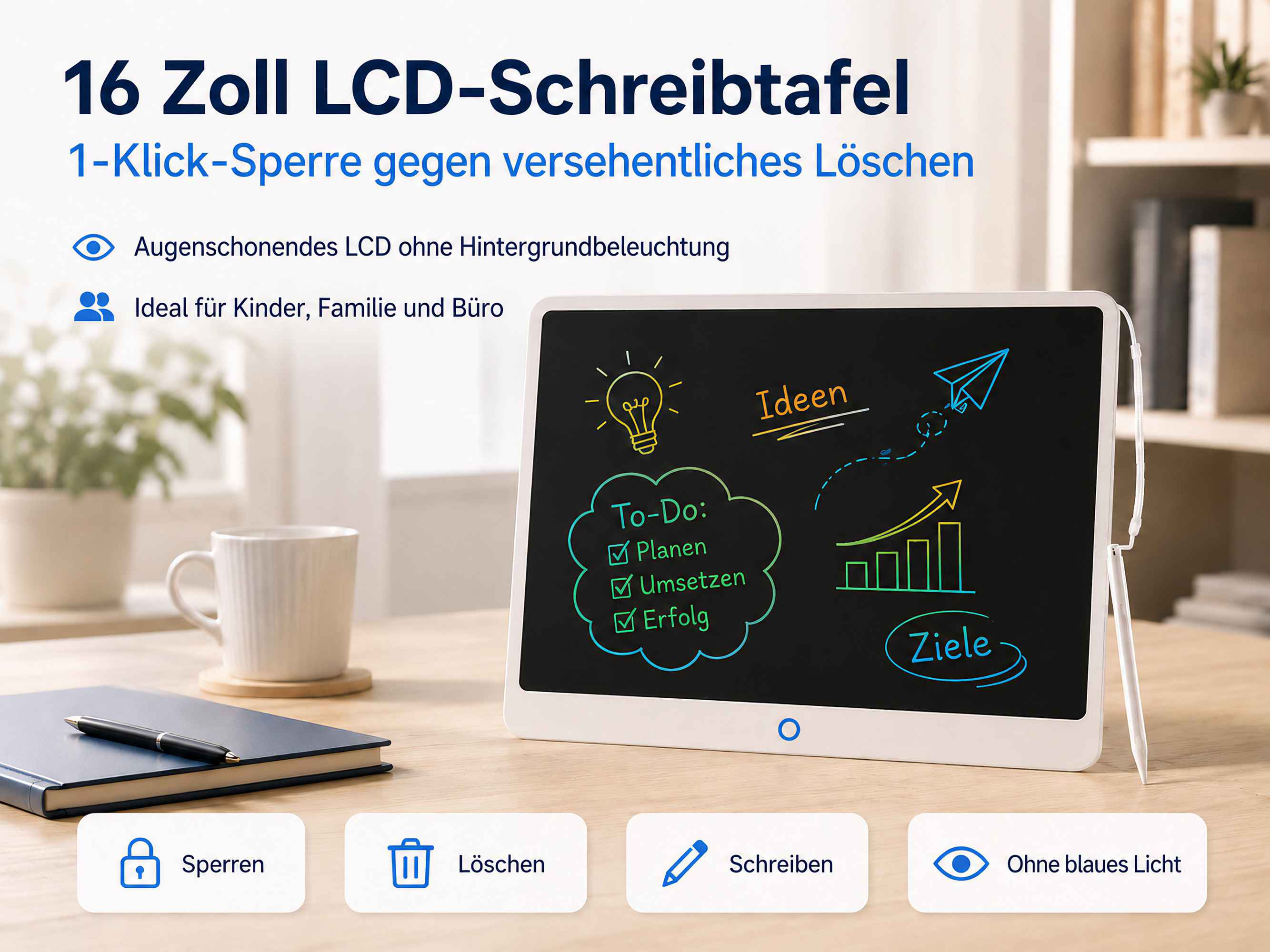 16 Zoll LCD-Schreibtafel mit To-Do-Liste, Ideen und Zielen.