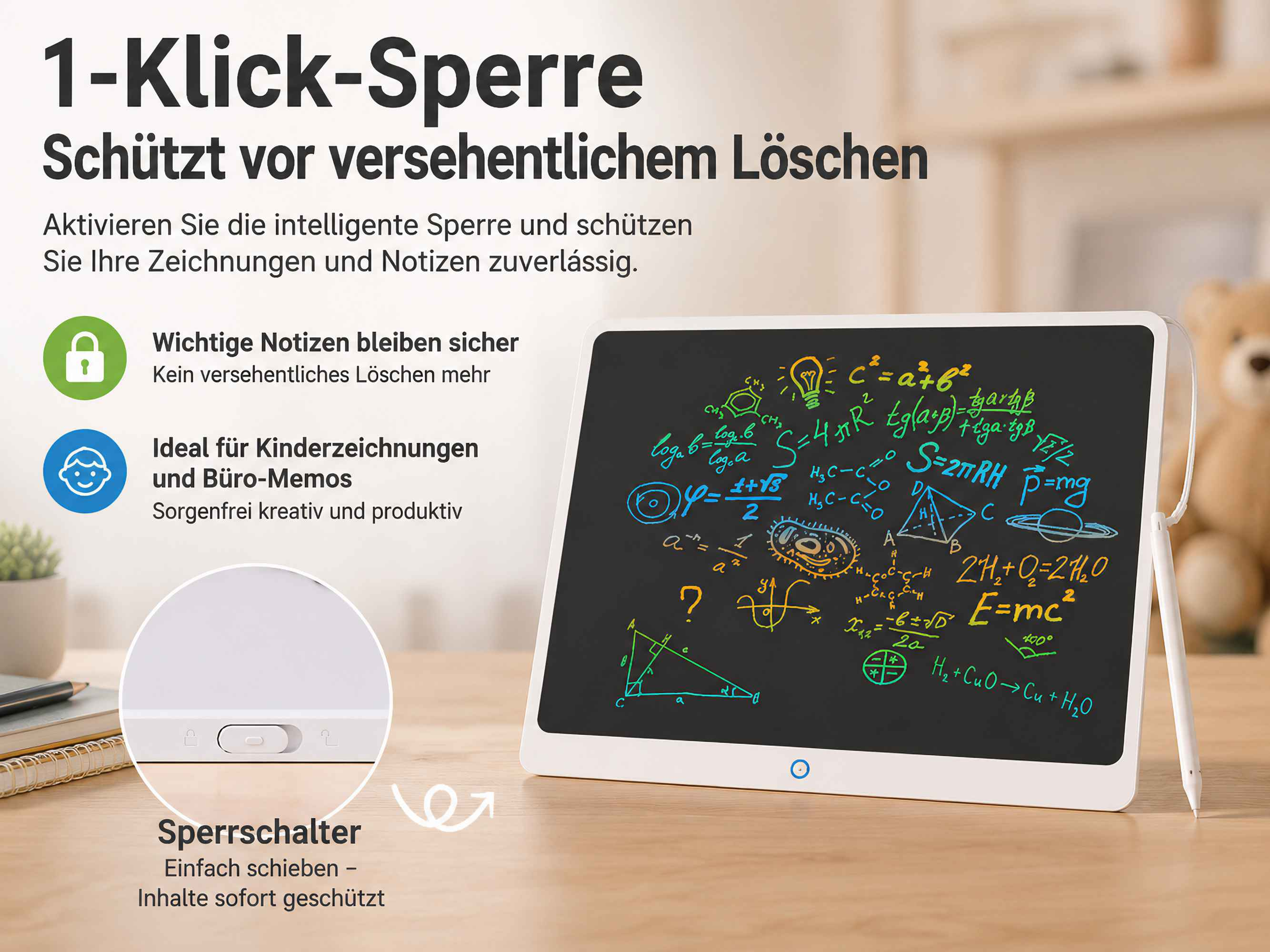 Ein Whiteboard mit mathematischen Formeln und einer Glühbirne ist auf einem Holztisch zu sehen.