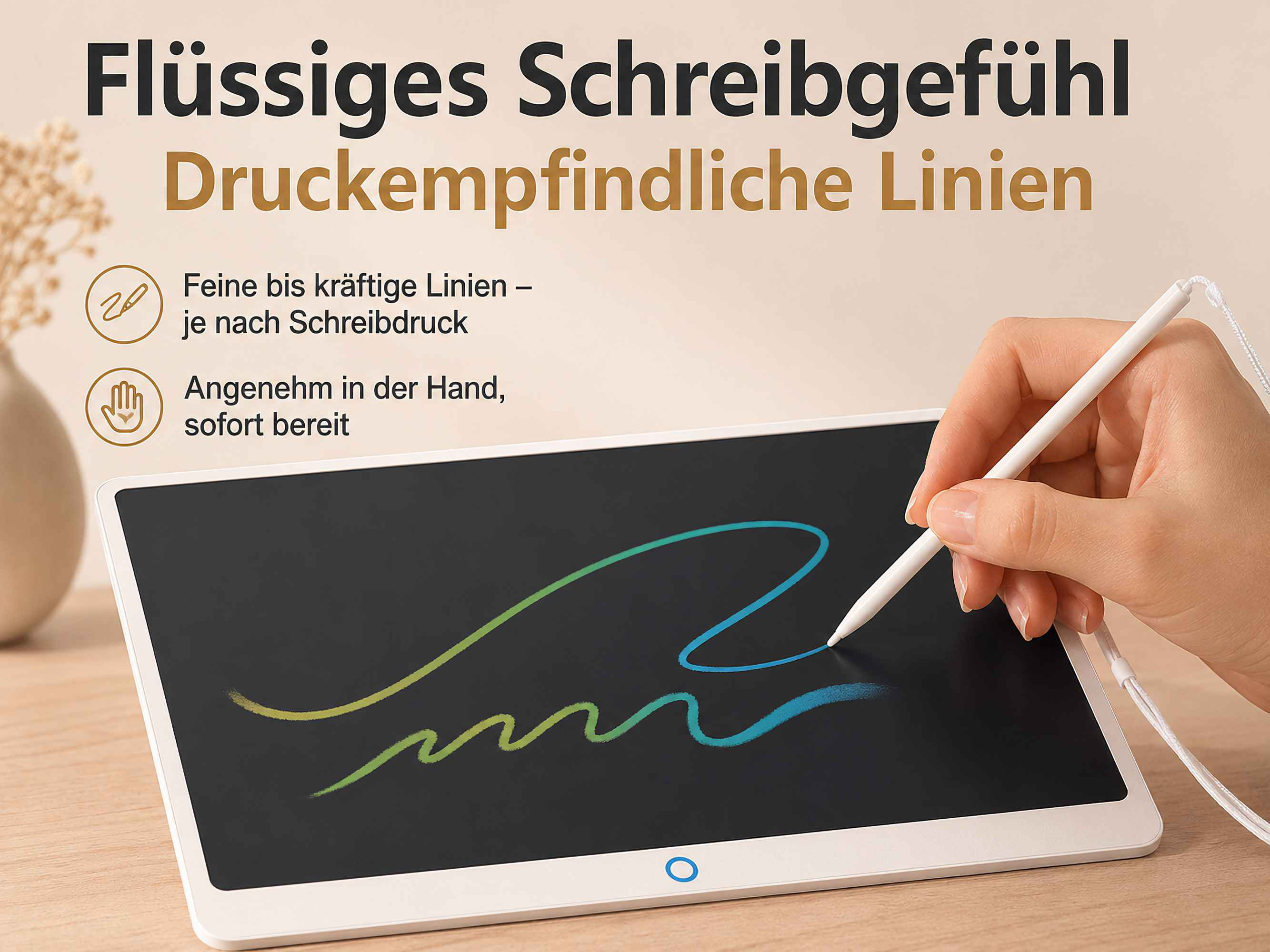 Eine Hand benutzt einen weißen Stift, um bunte Linien auf einem digitalen Notizblock zu zeichnen.