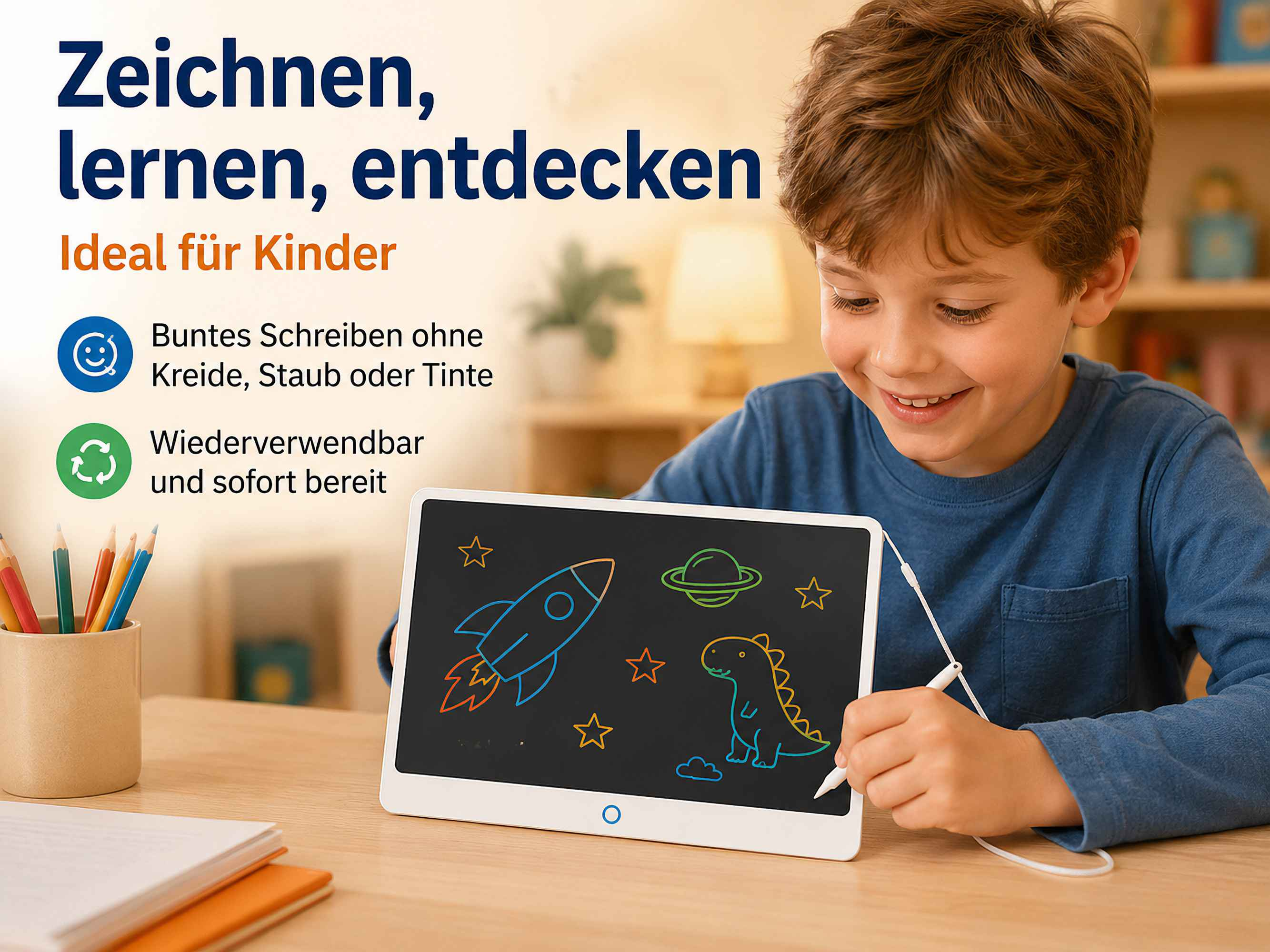 Ein Junge mit einem blauen Hemd zeichnet auf einem schwarzen Tablet. Es gibt Stifte in einem Becher.